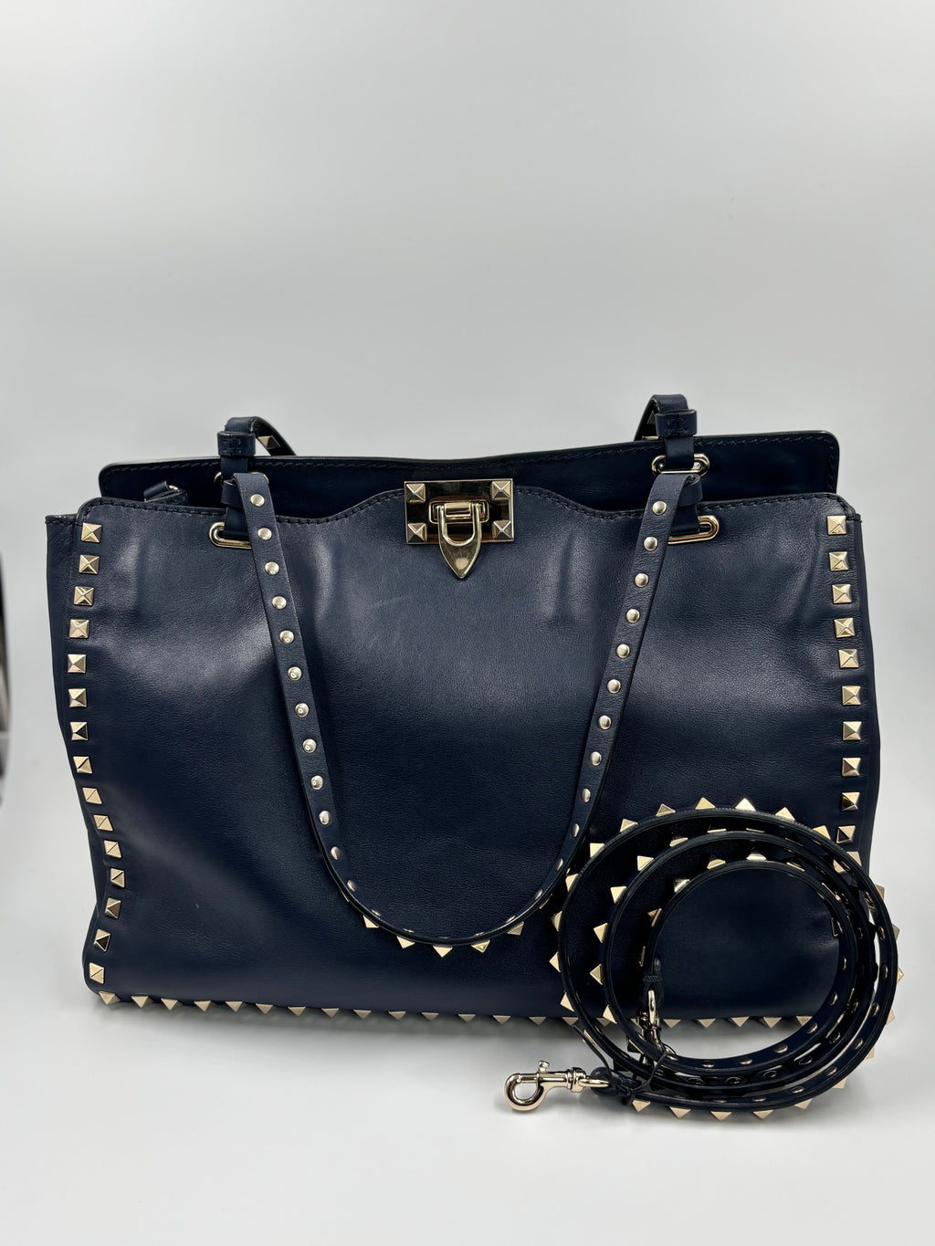 Valentino Blue Leather Rockstud Trapeze Meduim Tote Bag