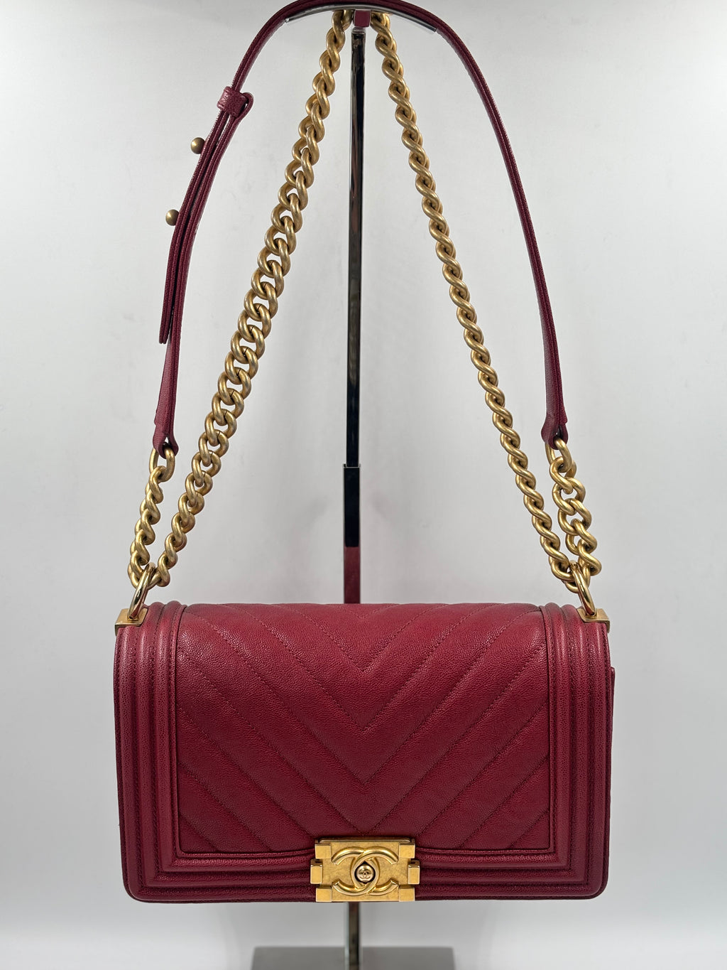 Chanel Burgundy Chevron Caviar Leather Old Medium Boy Bag