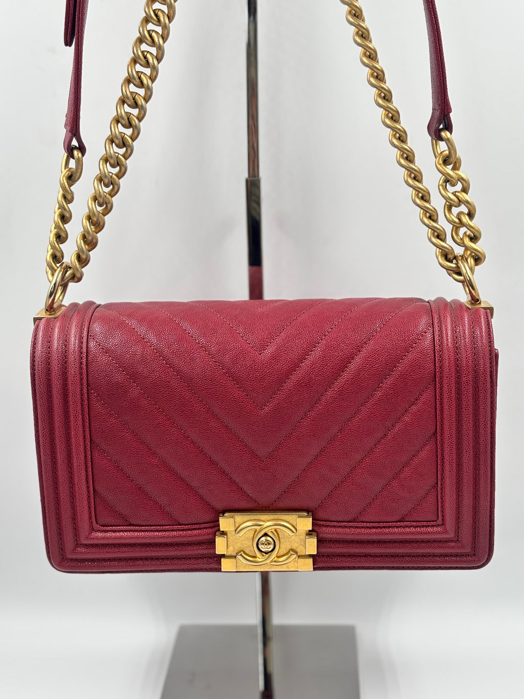 Chanel Burgundy Chevron Caviar Leather Old Medium Boy Bag