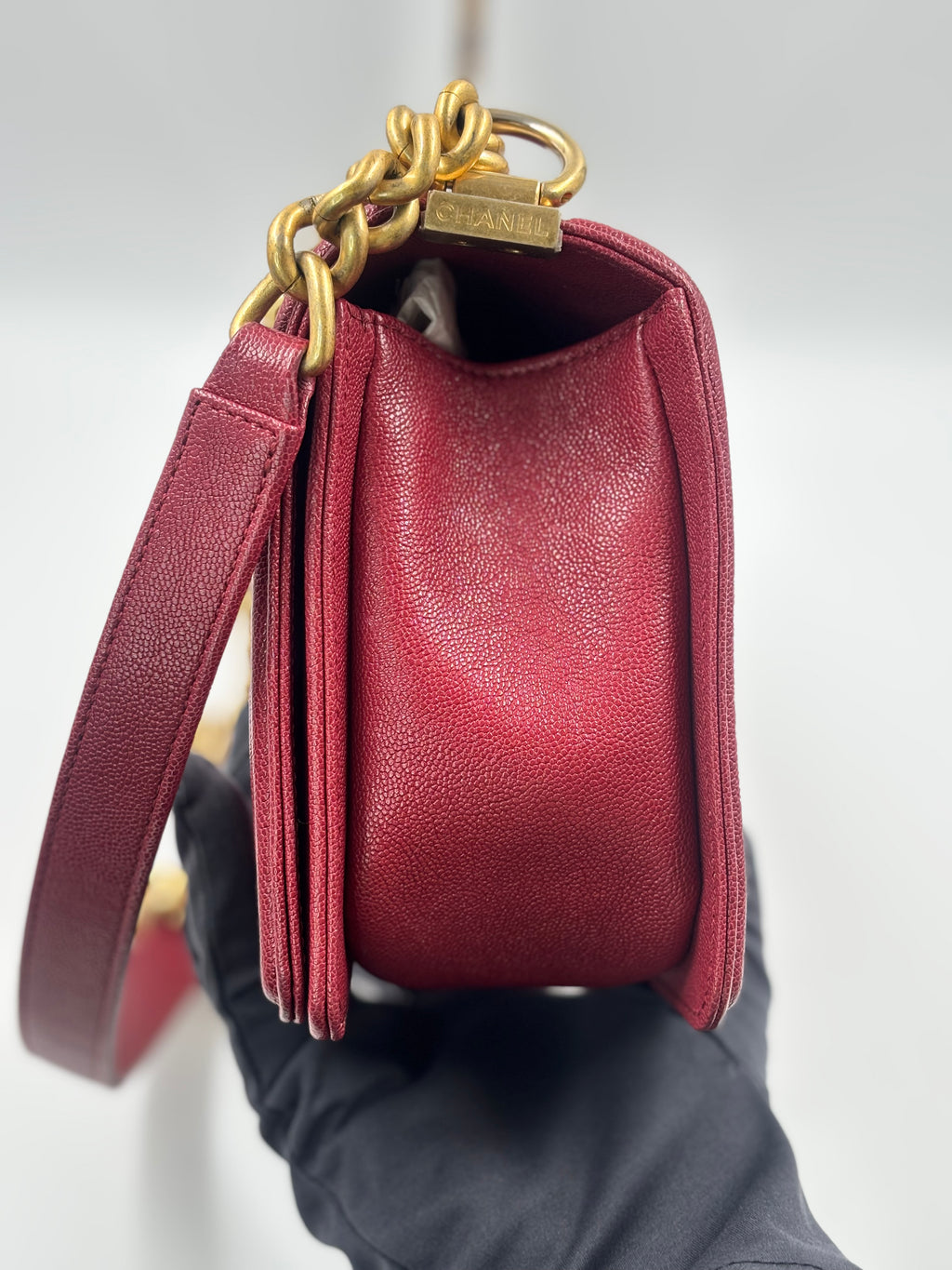 Chanel Burgundy Chevron Caviar Leather Old Medium Boy Bag