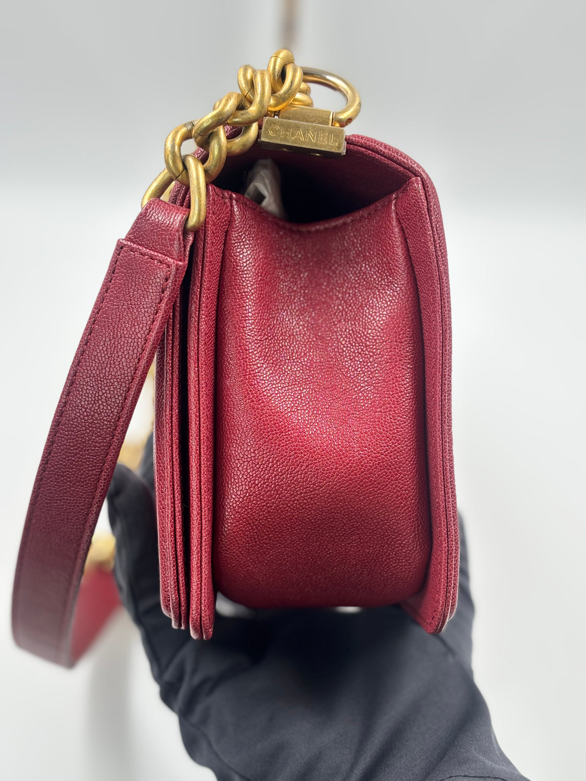Chanel Burgundy Chevron Caviar Leather Old Medium Boy Bag