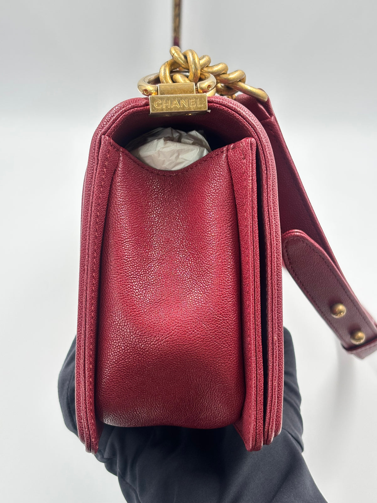 Chanel Burgundy Chevron Caviar Leather Old Medium Boy Bag