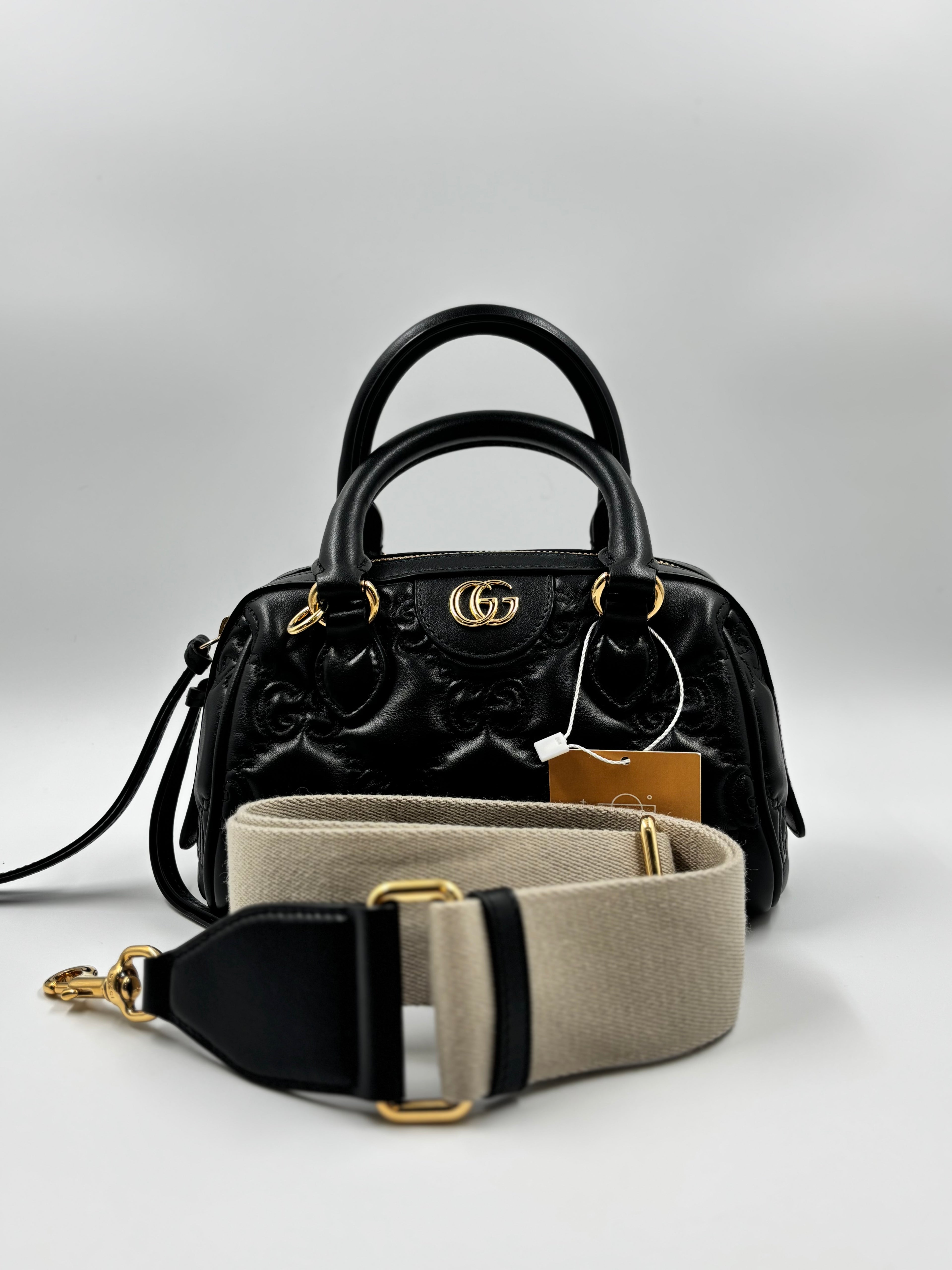 Gucci Black Matelasse Leather GG Marmont Top Handle Bag