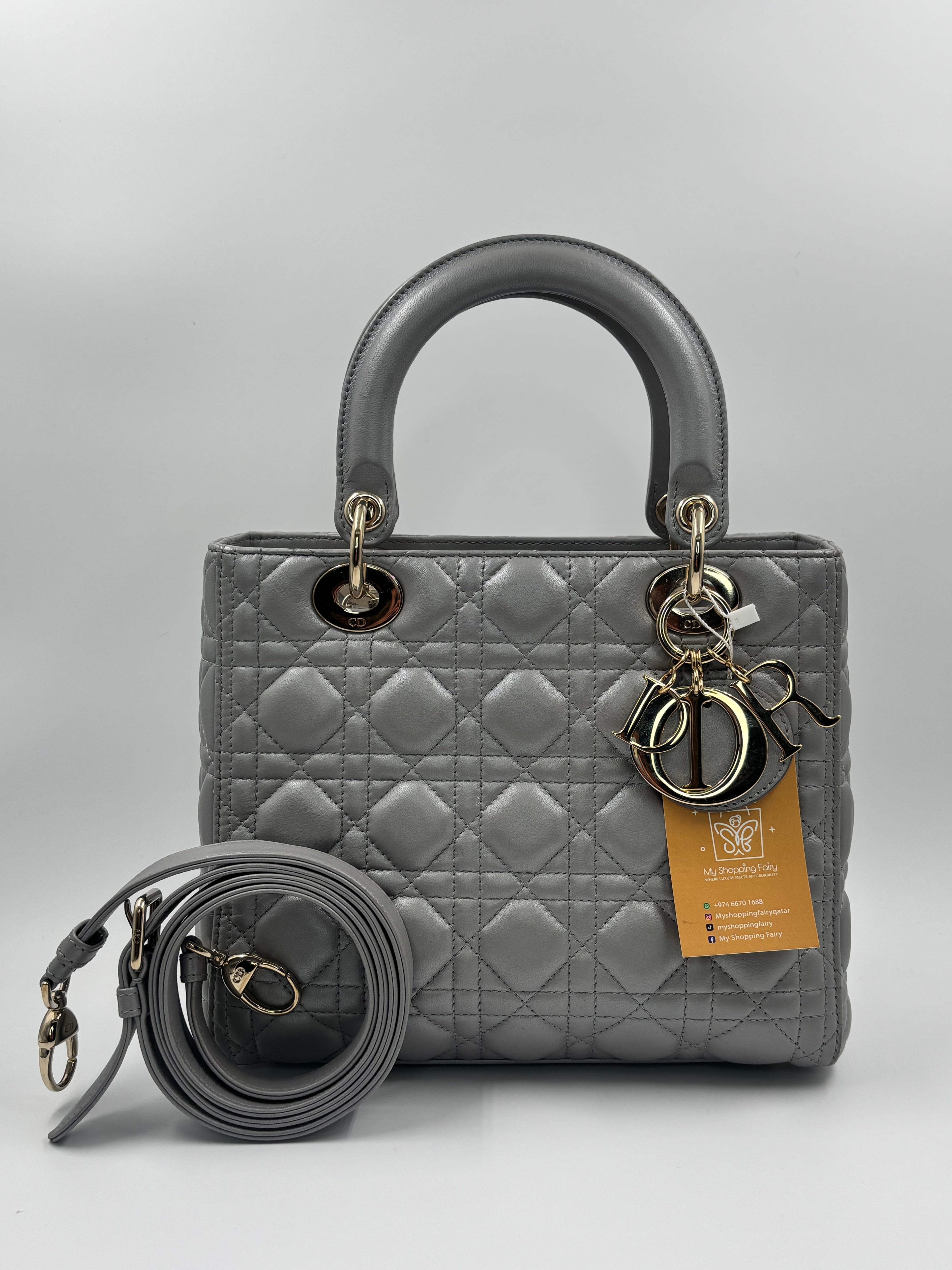 Christian Dior Grey Cannage Quilted Lambskin Leather Small Lady Dior Bag