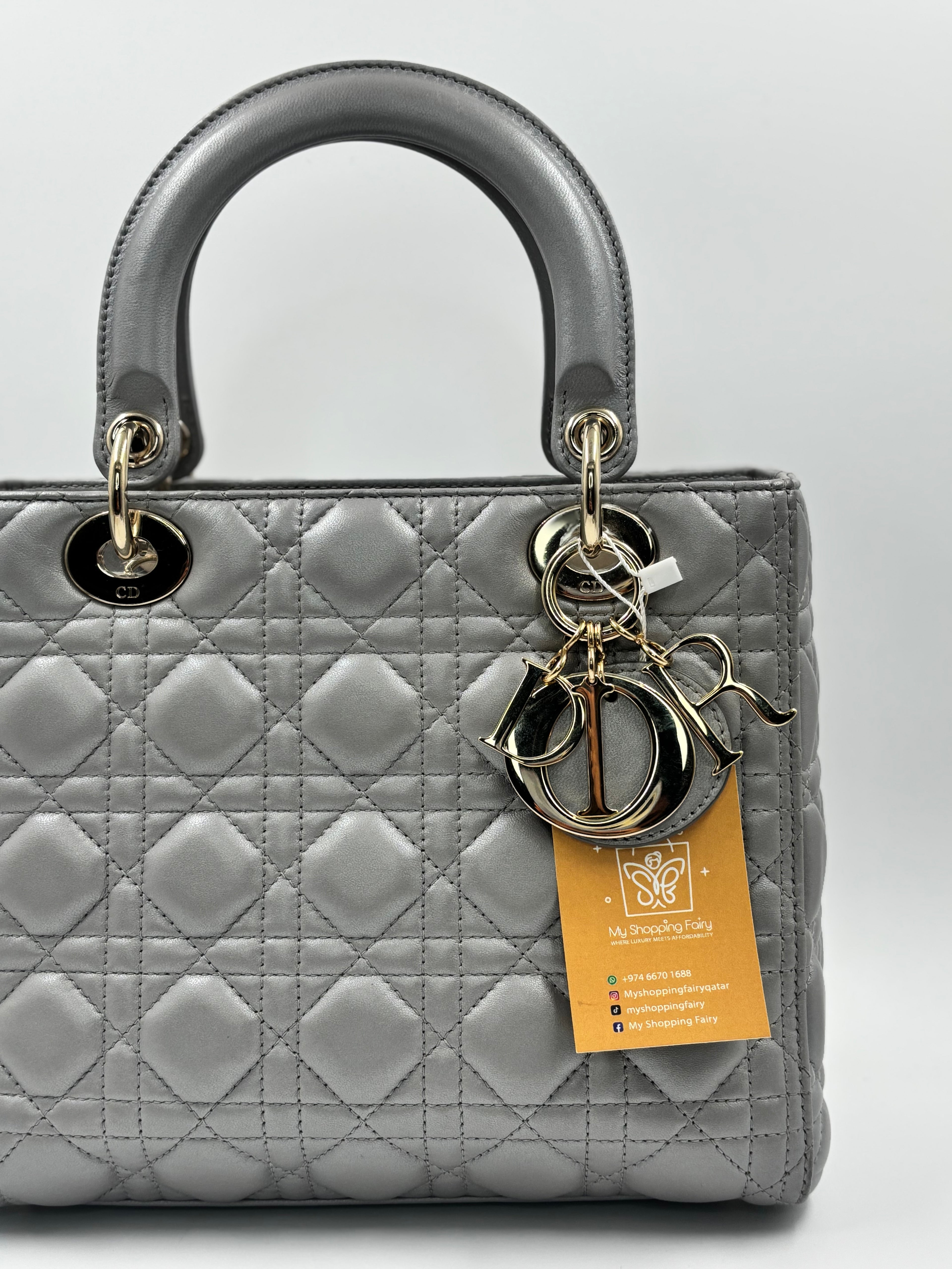 Christian Dior Grey Cannage Quilted Lambskin Leather Small Lady Dior Bag