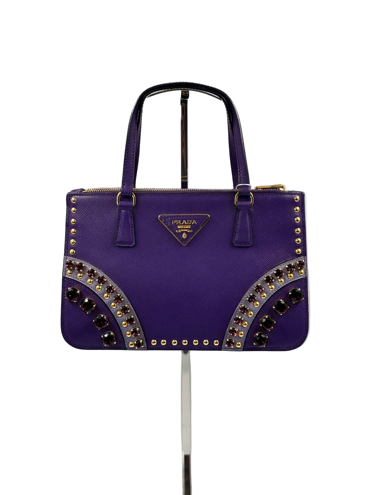 Prada Purple Saffiano Leather Crystal Embellished Tote Bag