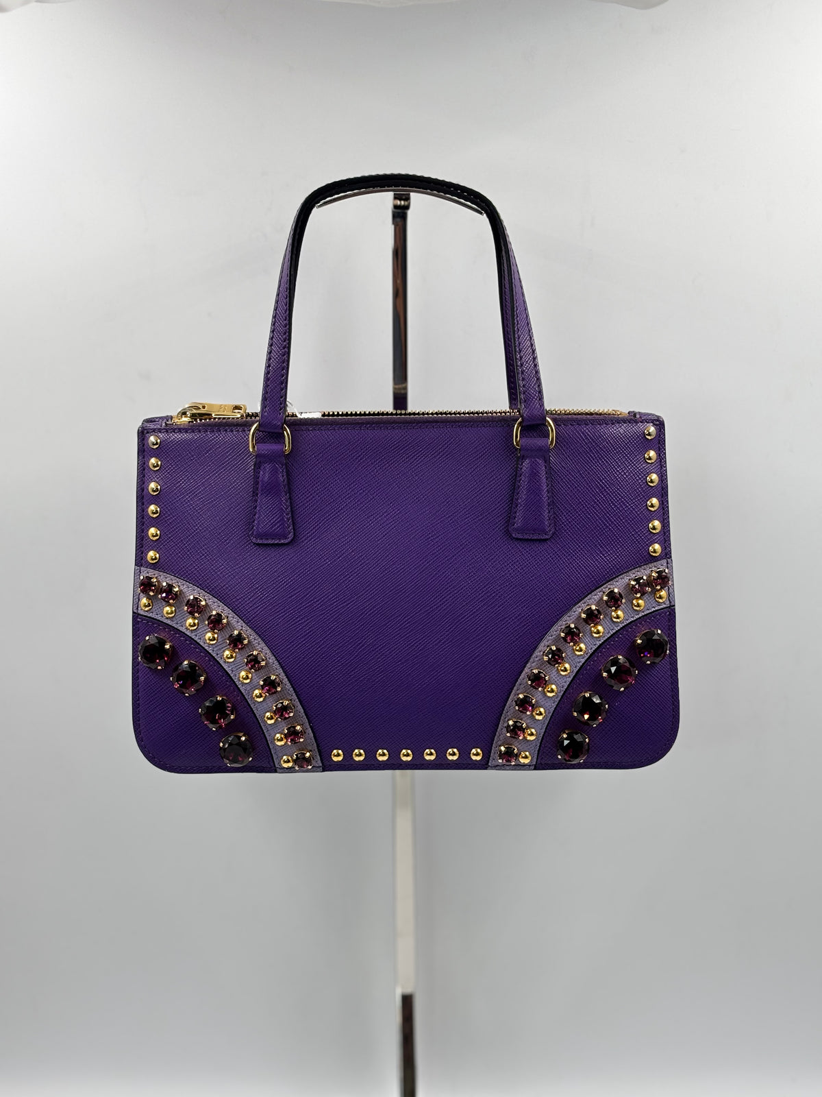 Prada Purple Saffiano Leather Crystal Embellished Tote Bag