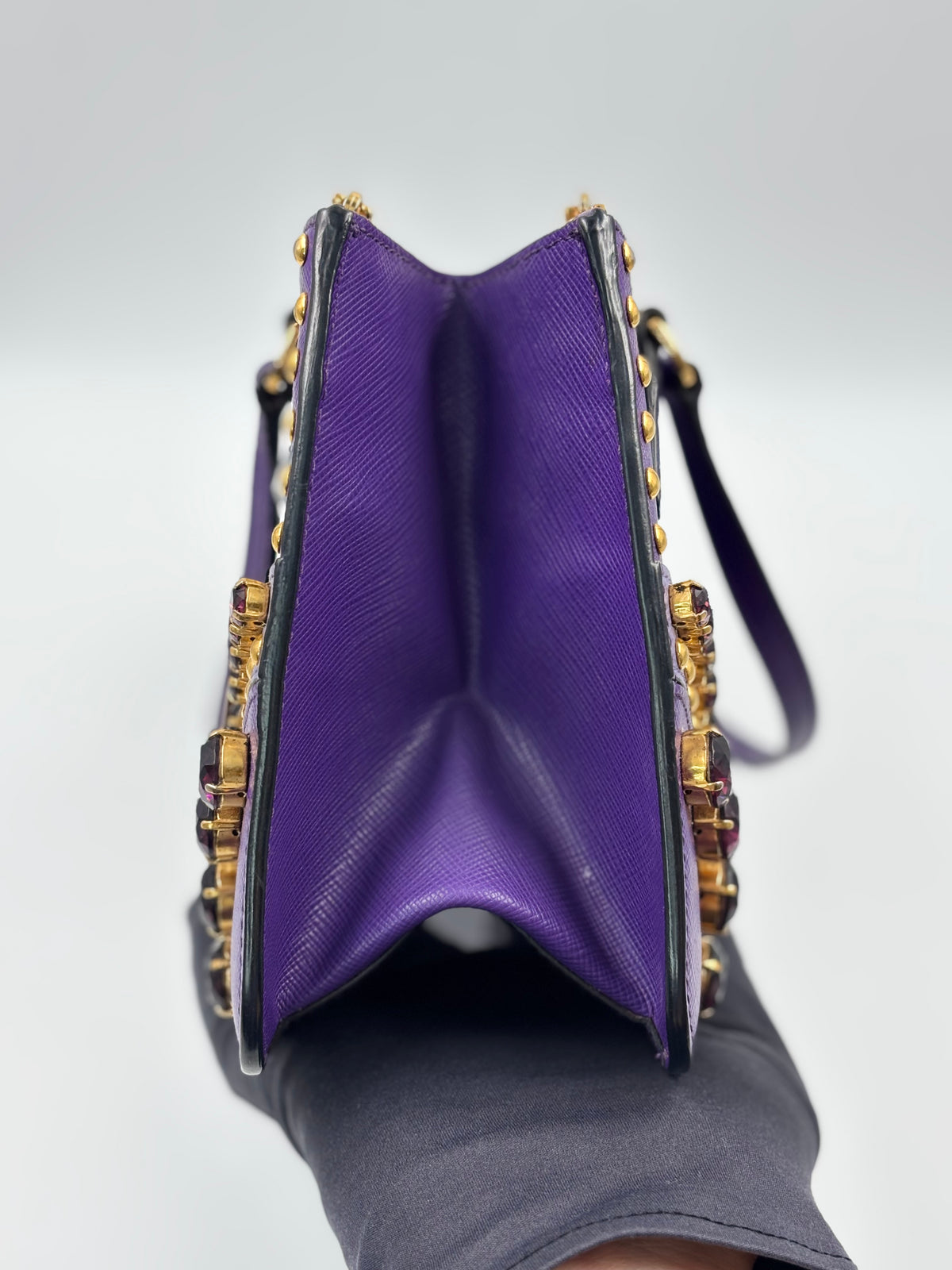 Prada Purple Saffiano Leather Crystal Embellished Tote Bag
