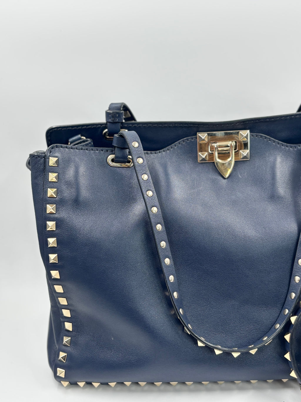 Valentino Blue Leather Rockstud Trapeze Meduim Tote Bag
