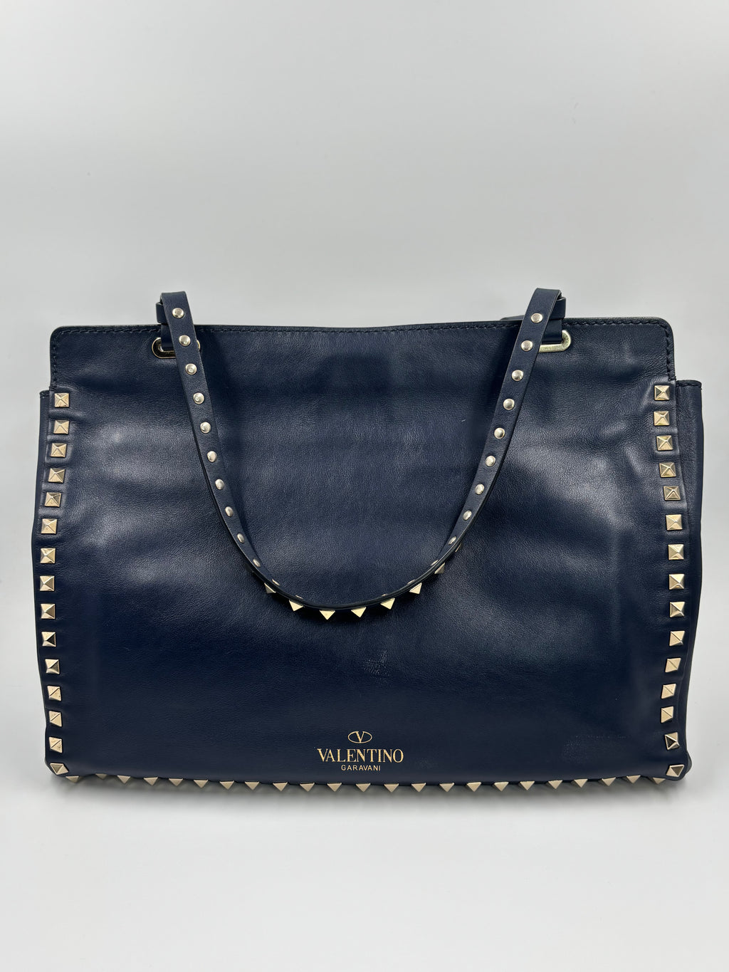 Valentino Blue Leather Rockstud Trapeze Meduim Tote Bag
