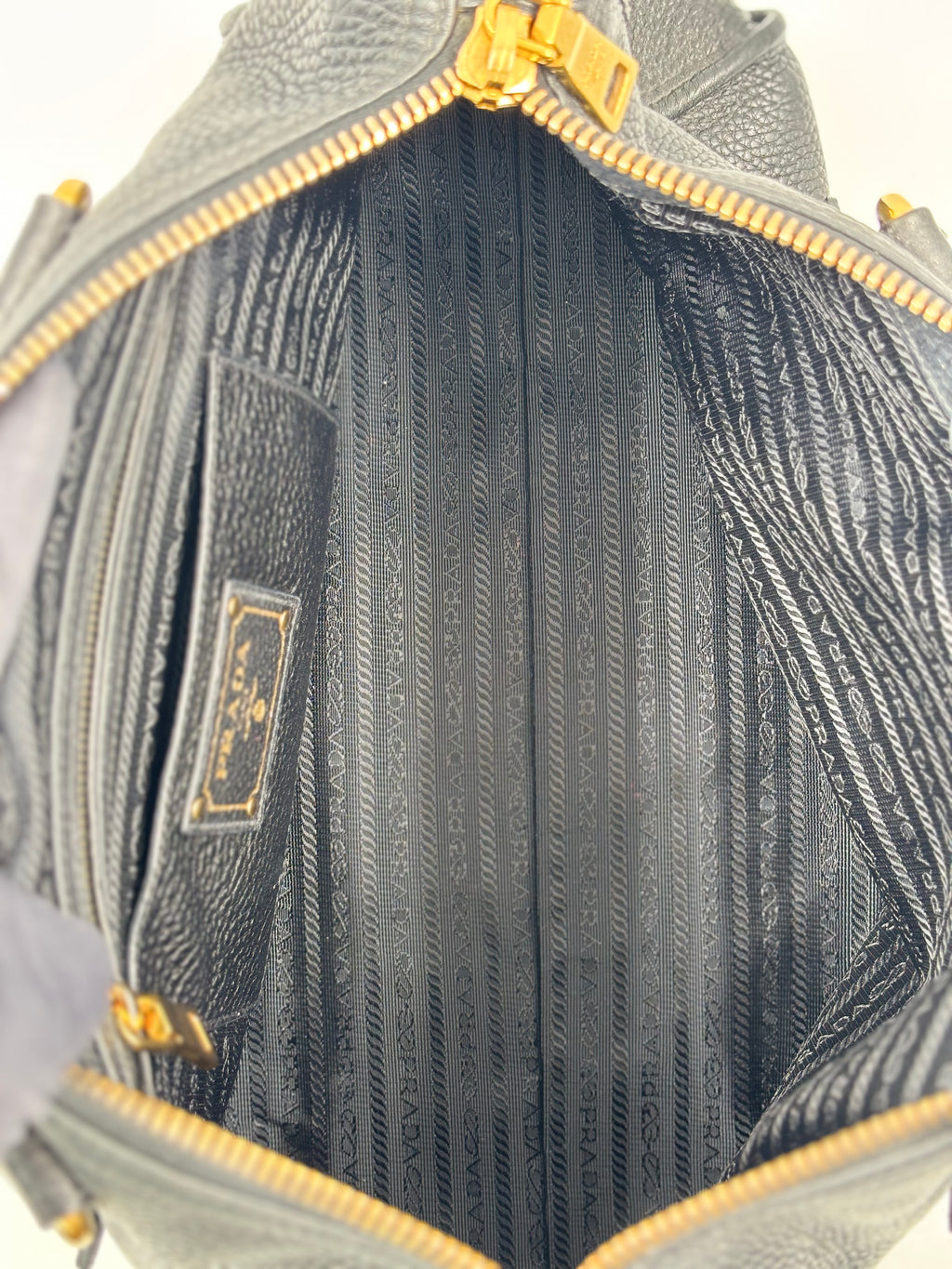 Prada Black Cervo Leather Zip East West Top Handle Bag