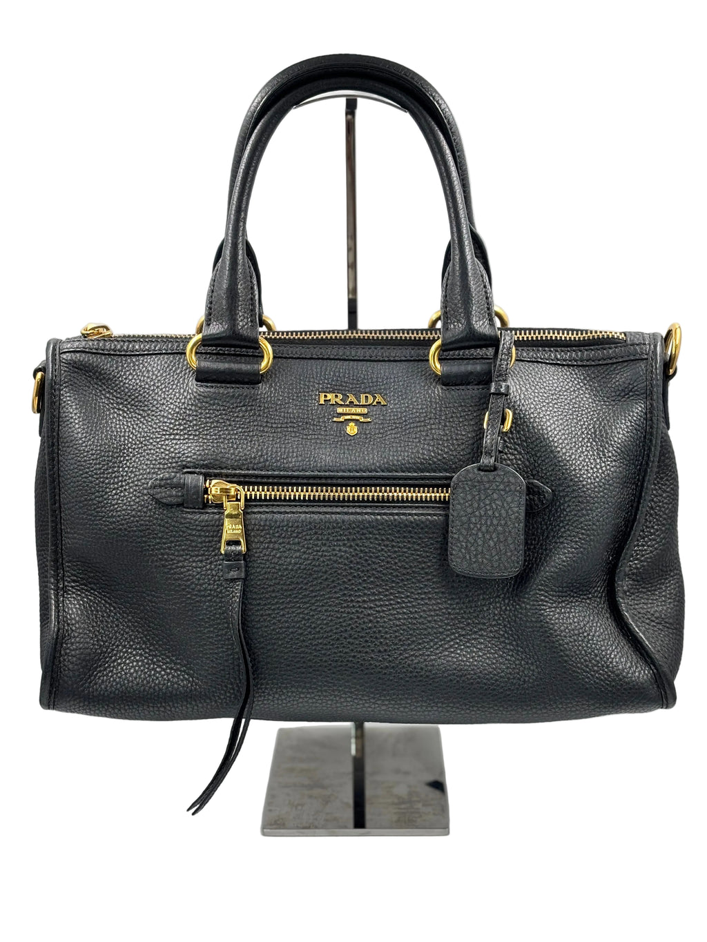 Prada Black Cervo Leather Zip East West Top Handle Bag