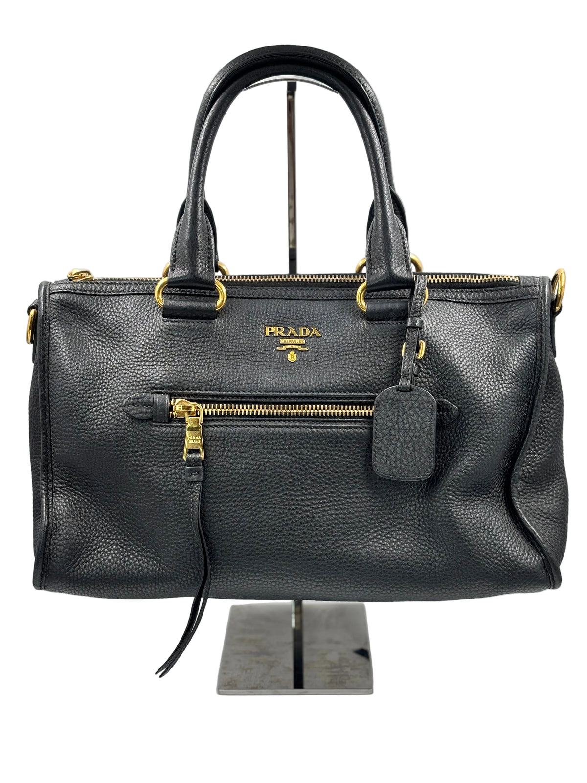 Prada Black Cervo Leather Zip East West Top Handle Bag