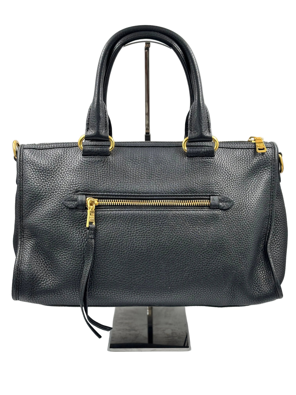Prada Black Cervo Leather Zip East West Top Handle Bag