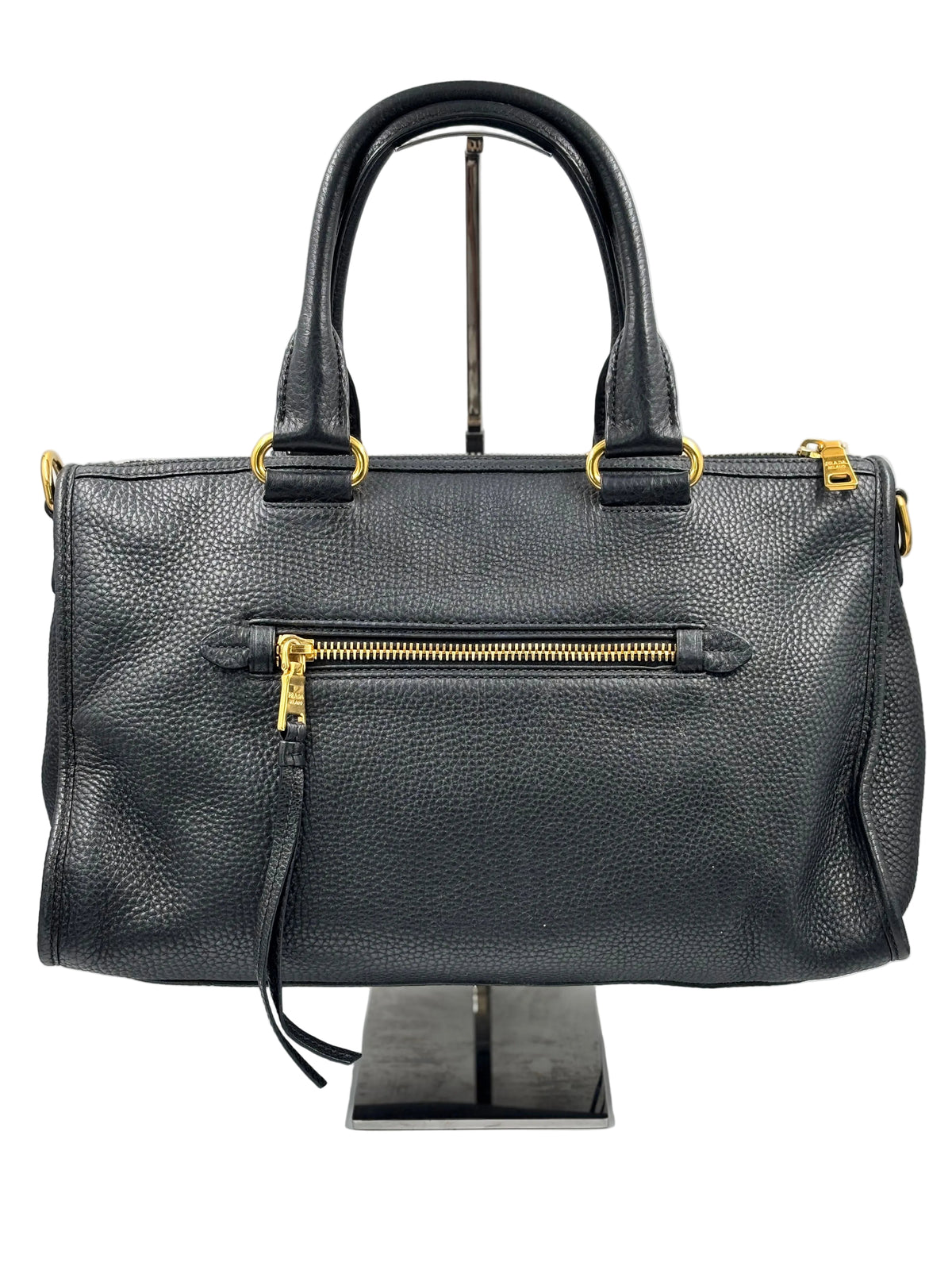 Prada Black Cervo Leather Zip East West Top Handle Bag