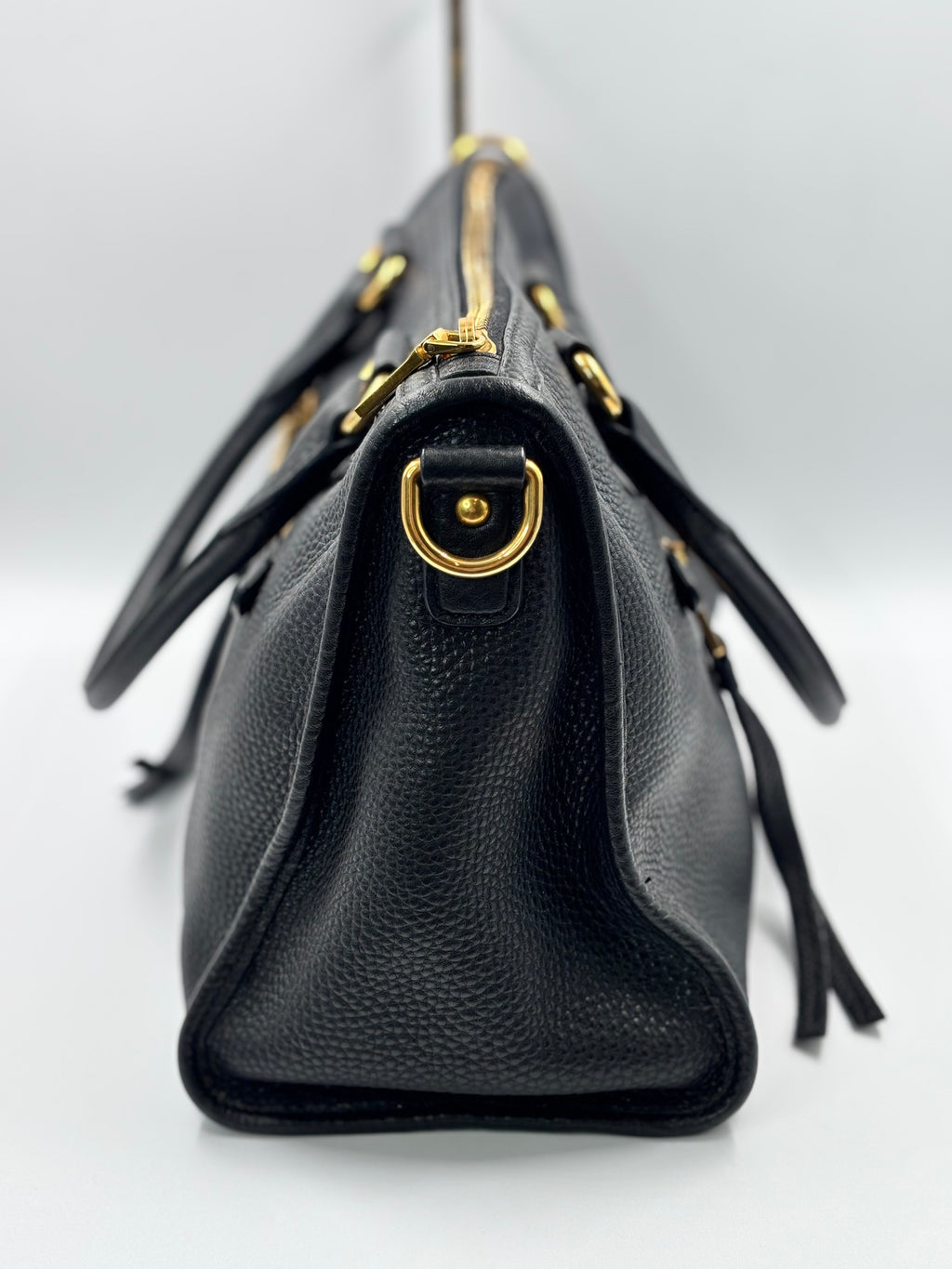 Prada Black Cervo Leather Zip East West Top Handle Bag