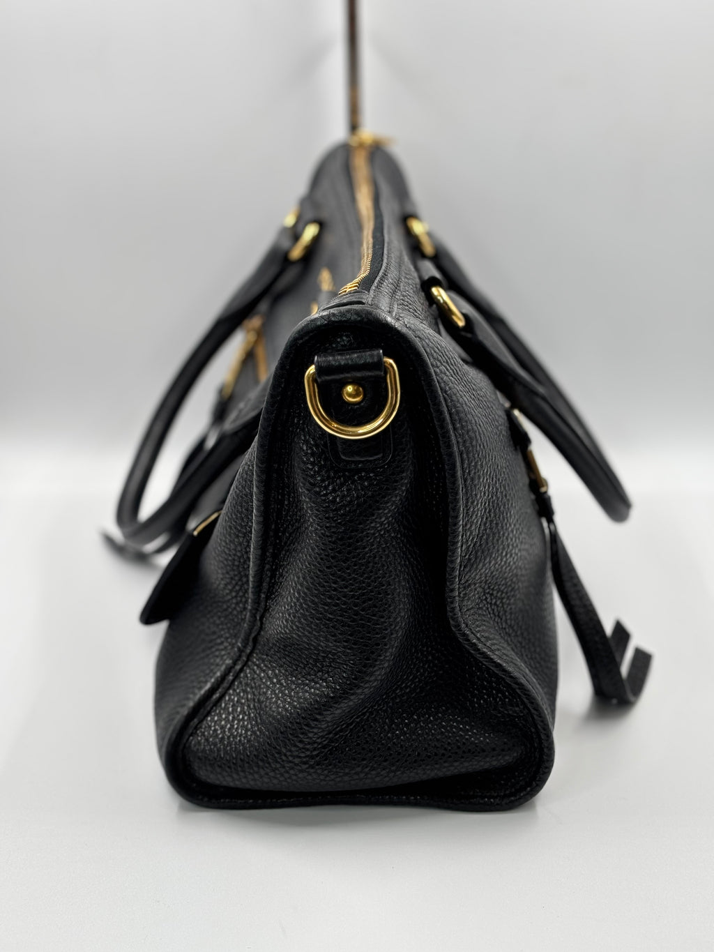 Prada Black Cervo Leather Zip East West Top Handle Bag