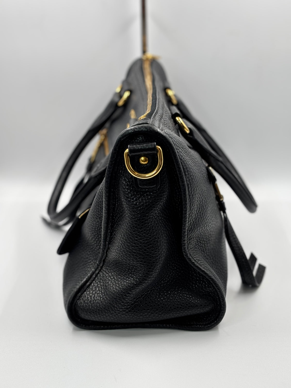Prada Black Cervo Leather Zip East West Top Handle Bag