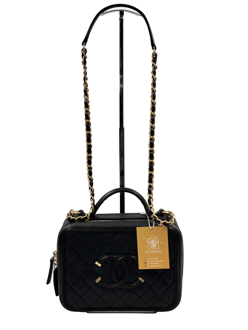 Chanel Black Quilted Caviar Leather Filigree Vanity Case Bag