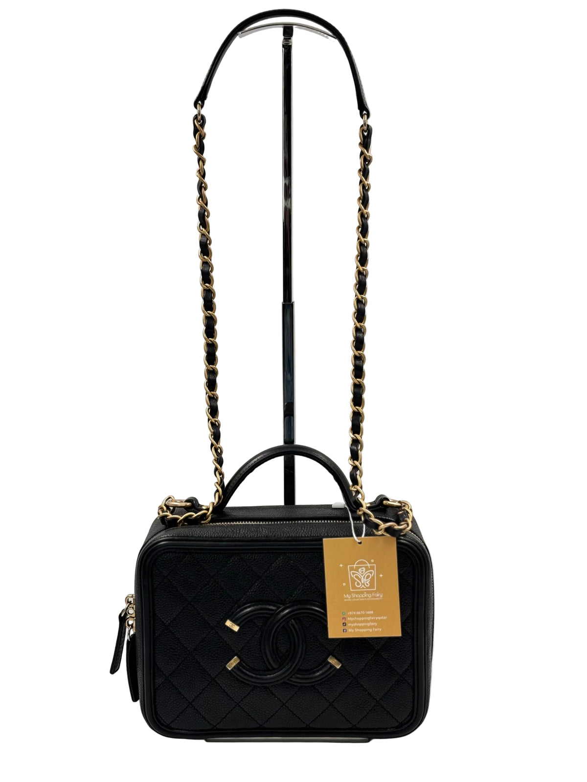 Chanel Black Quilted Caviar Leather Filigree Vanity Case Bag