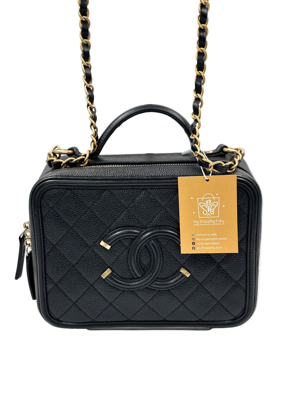 Chanel Black Quilted Caviar Leather Filigree Vanity Case Bag