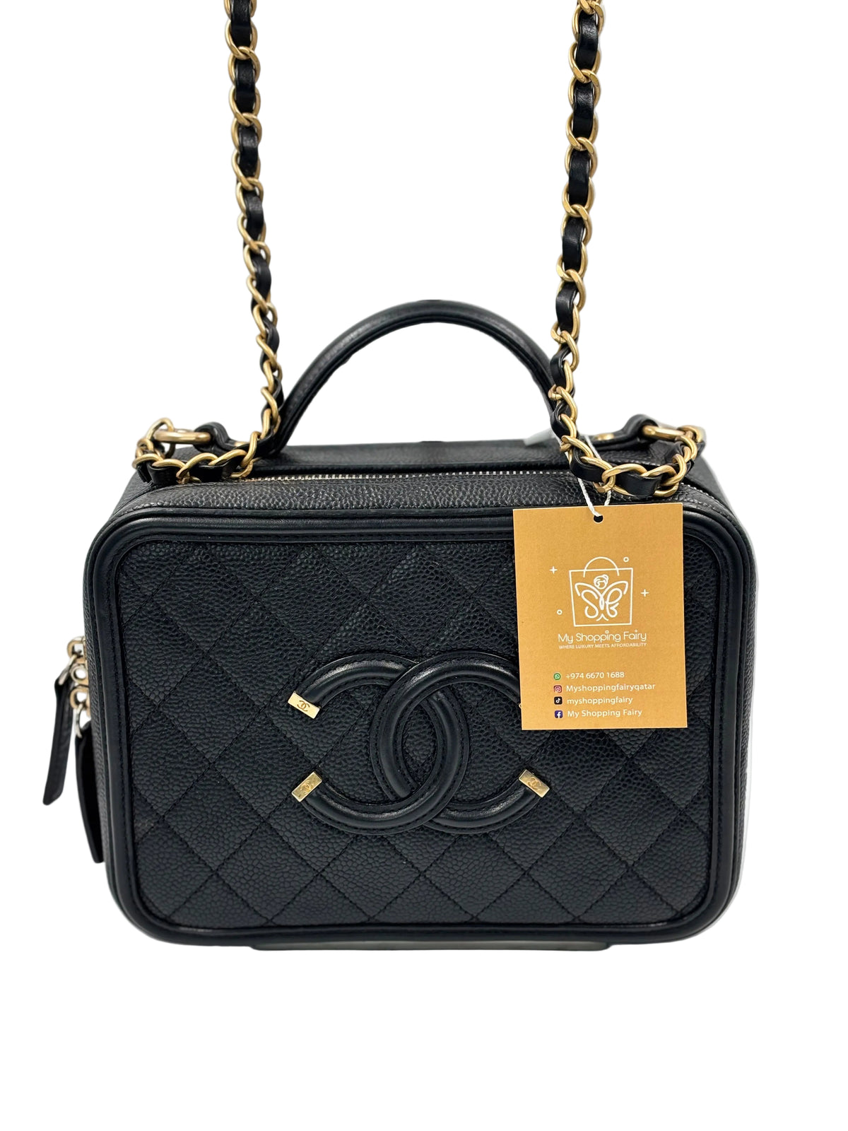 Chanel Black Quilted Caviar Leather Filigree Vanity Case Bag