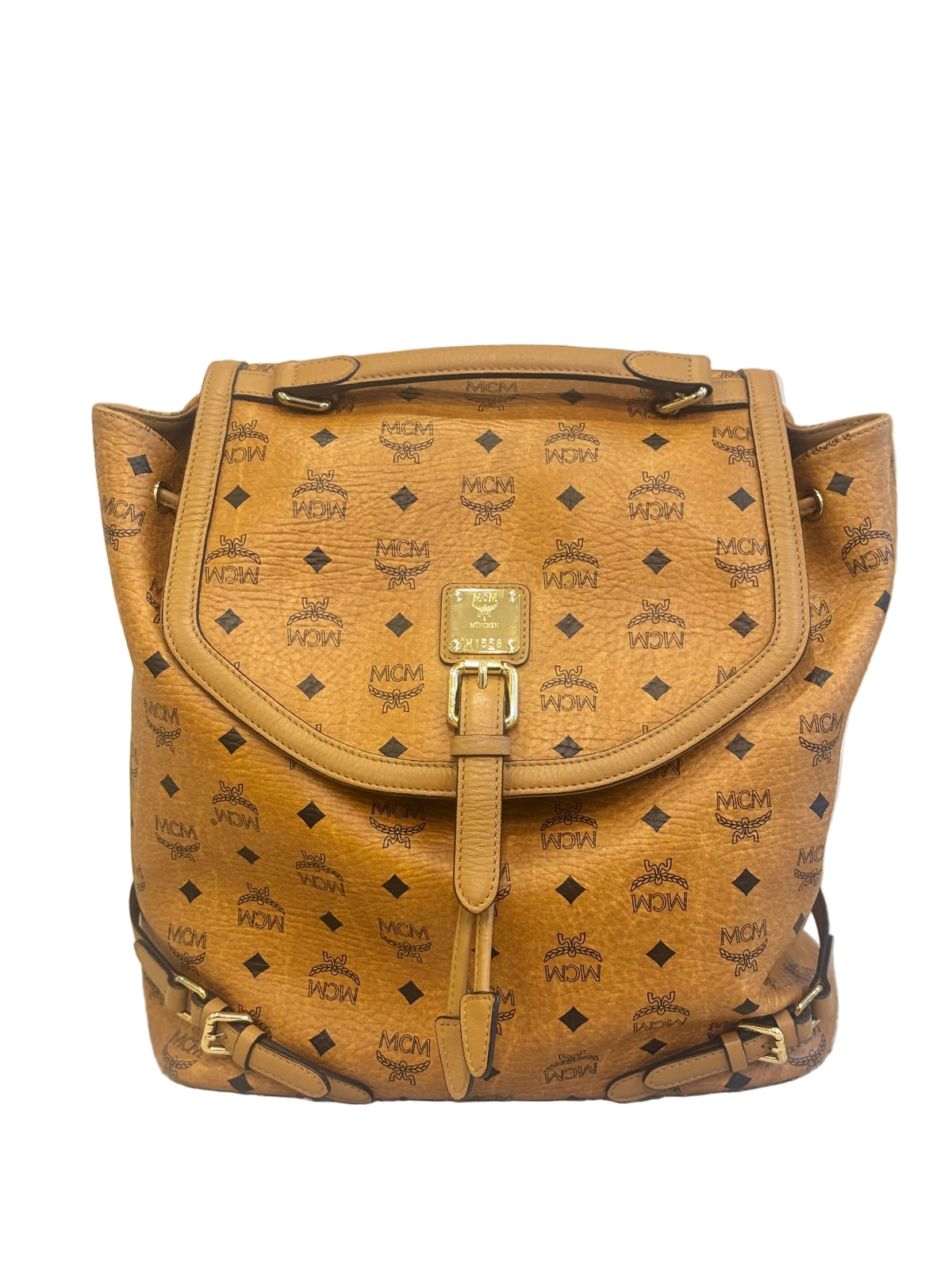 MCM Cognac Visetos Coated Canvas & Leather Medium Bradenburg Drawsting Backpack