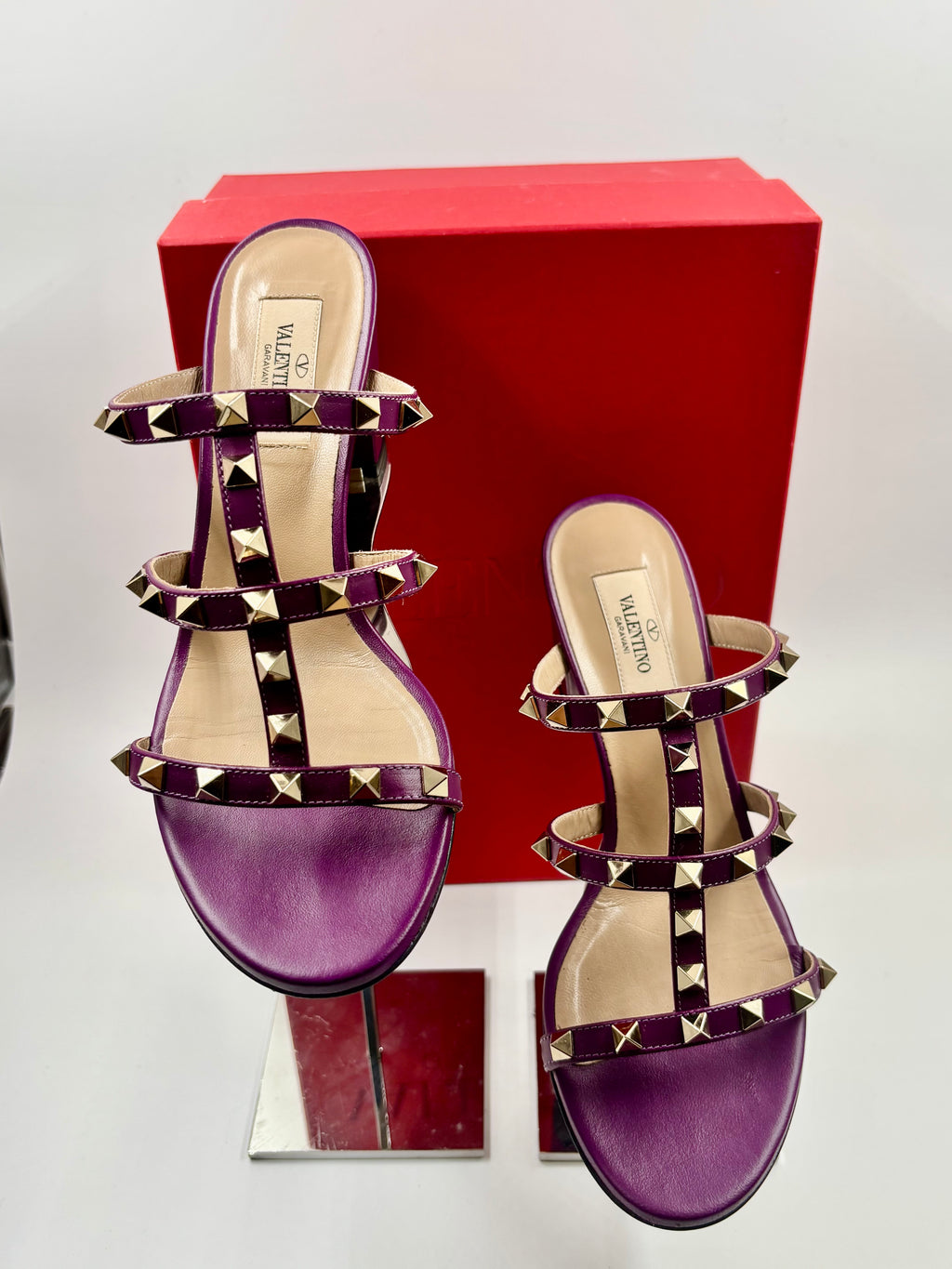 Valentino Purple Leather Rockstud Block Heels
