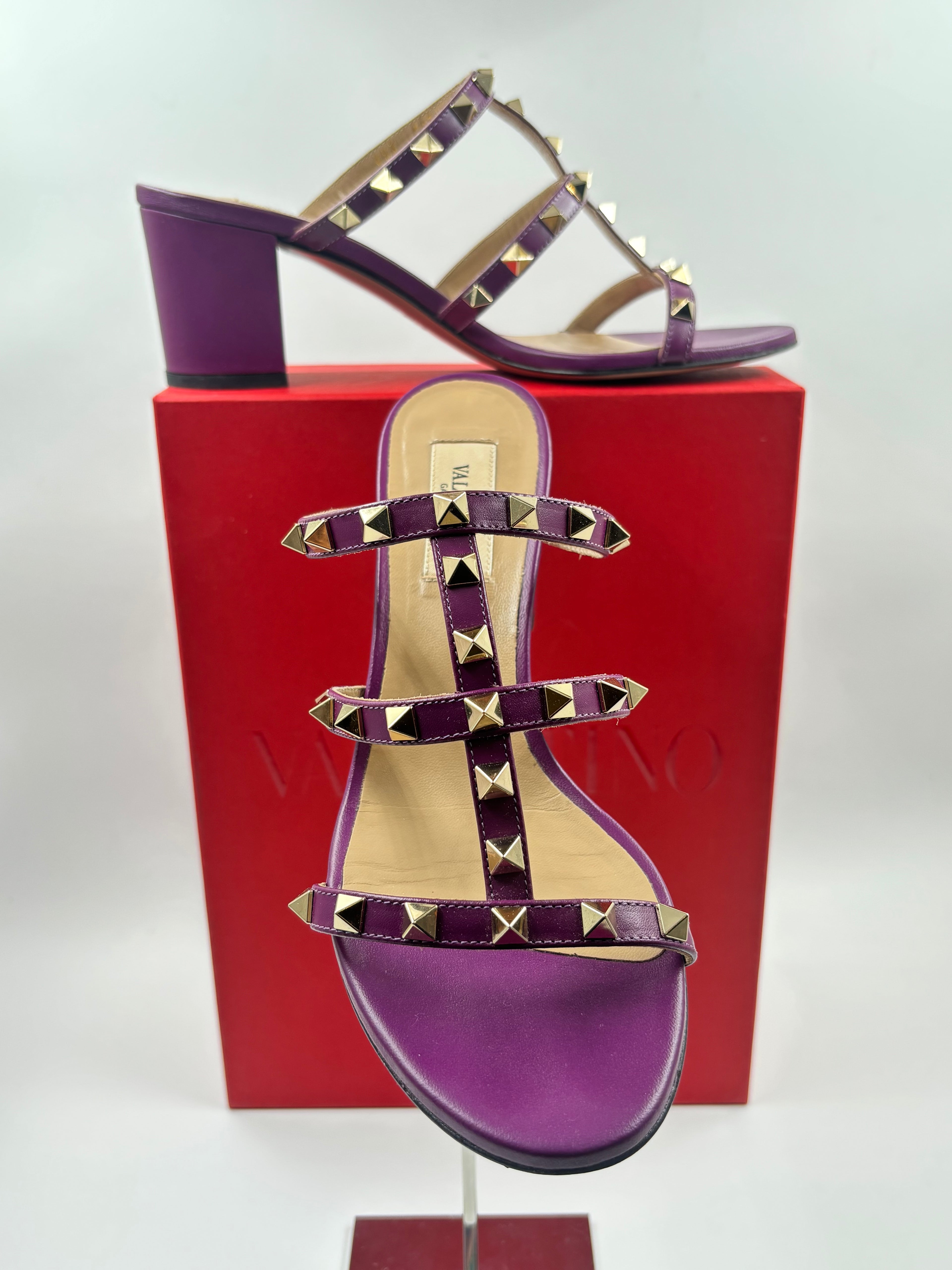 Valentino Purple Leather Rockstud Block Heels