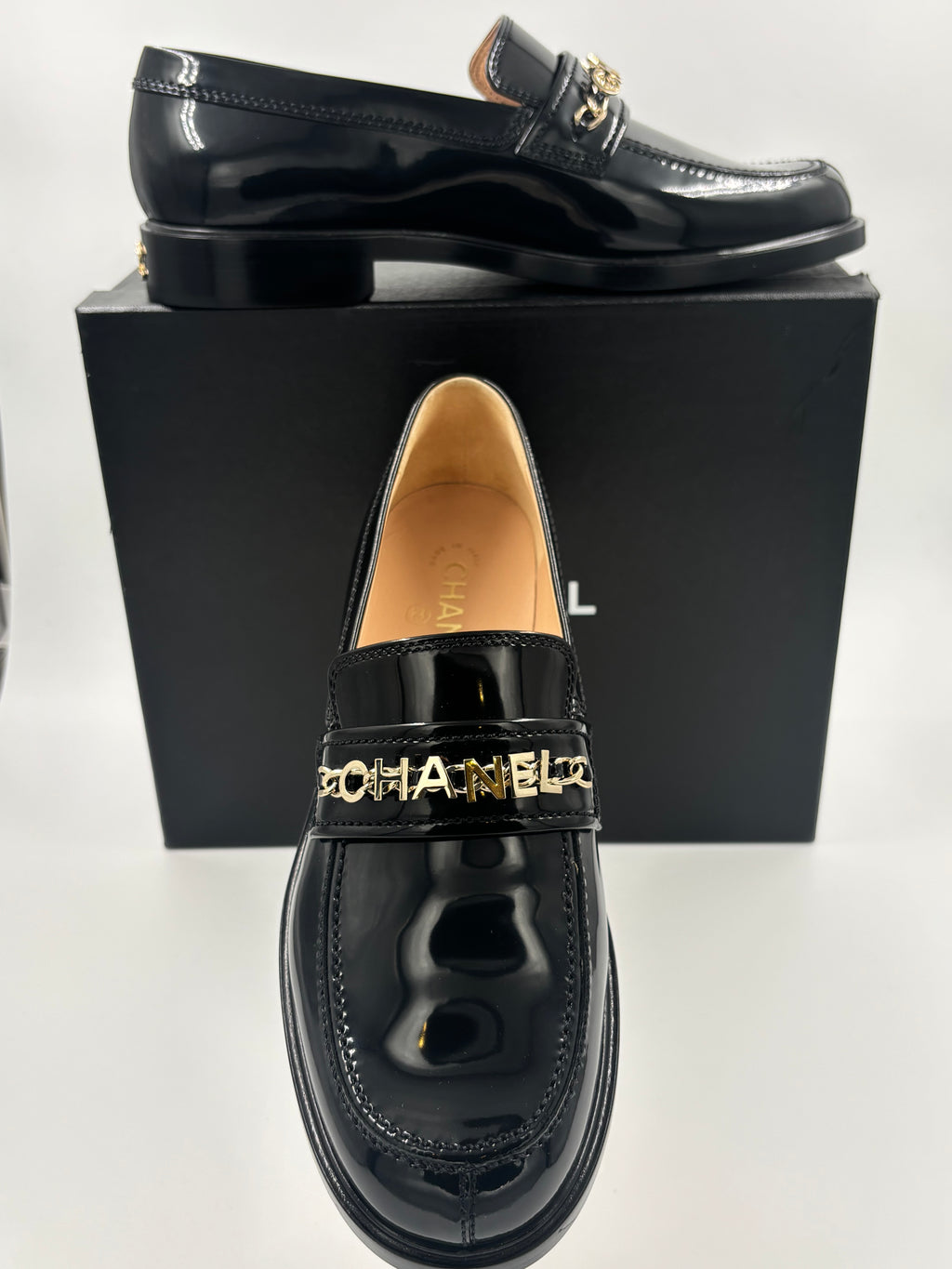 Chanel Black Patent Loafer Gold Chain