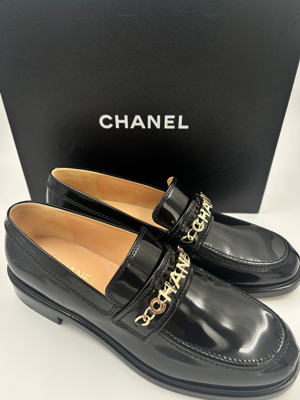 Chanel Black Patent Loafer Gold Chain