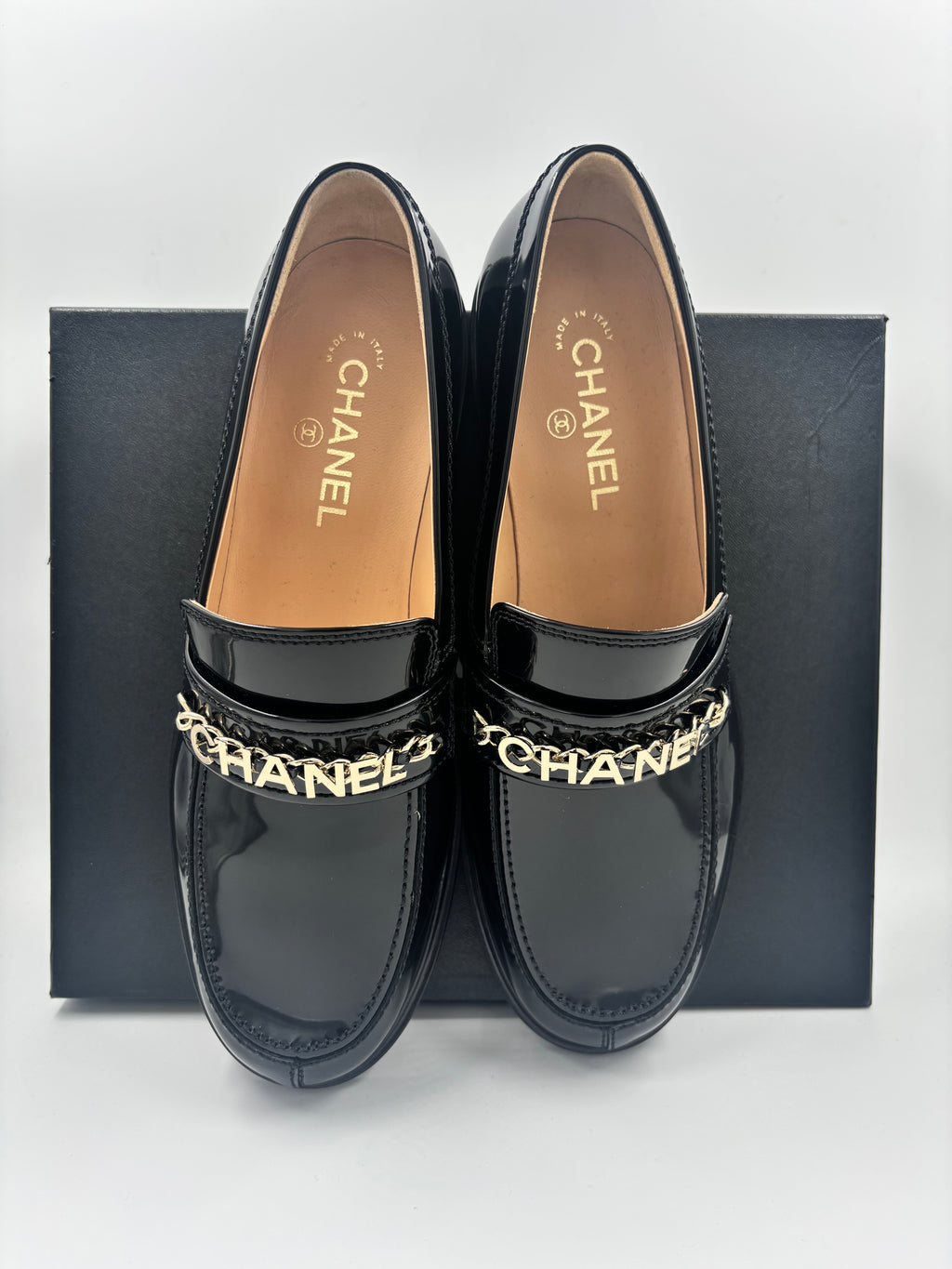 Chanel Black Patent Loafer Gold Chain