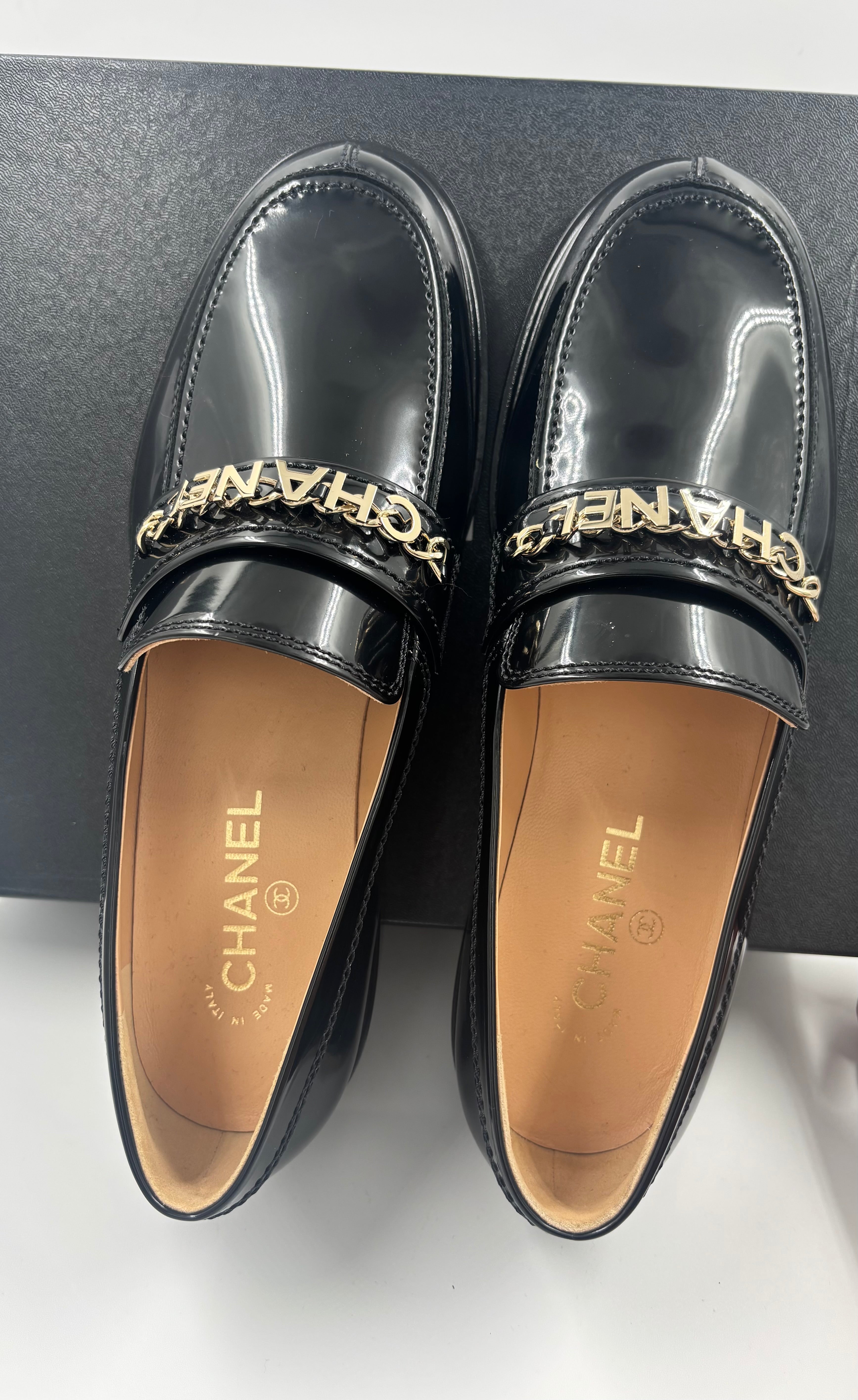 Chanel Black Patent Loafer Gold Chain