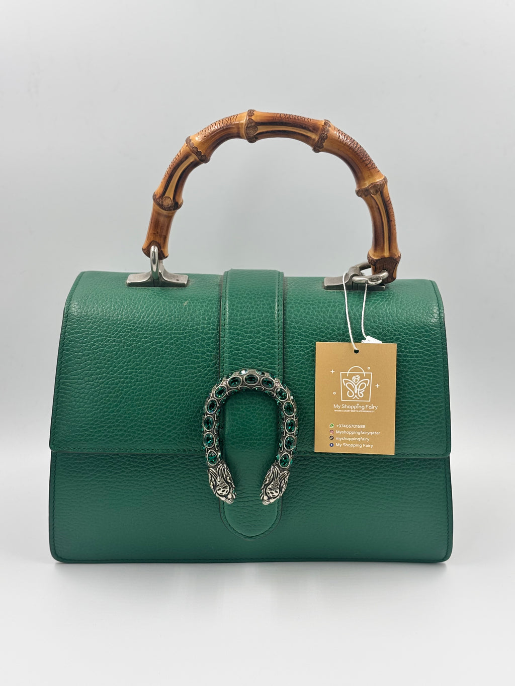 Gucci Green Leather Medium Dionysus Bamboo Top Handle Bag