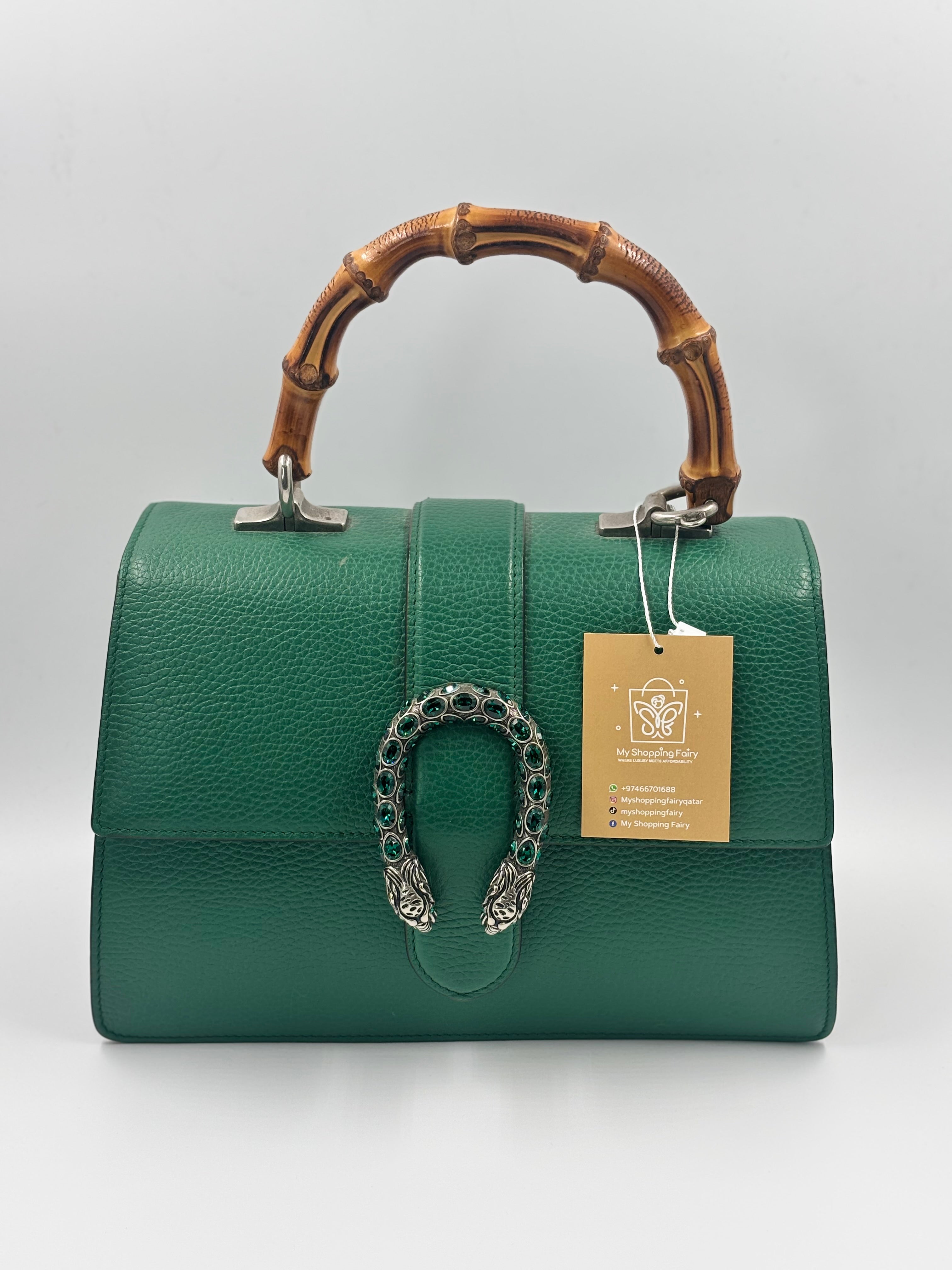 Gucci Green Leather Medium Dionysus Bamboo Top Handle Bag