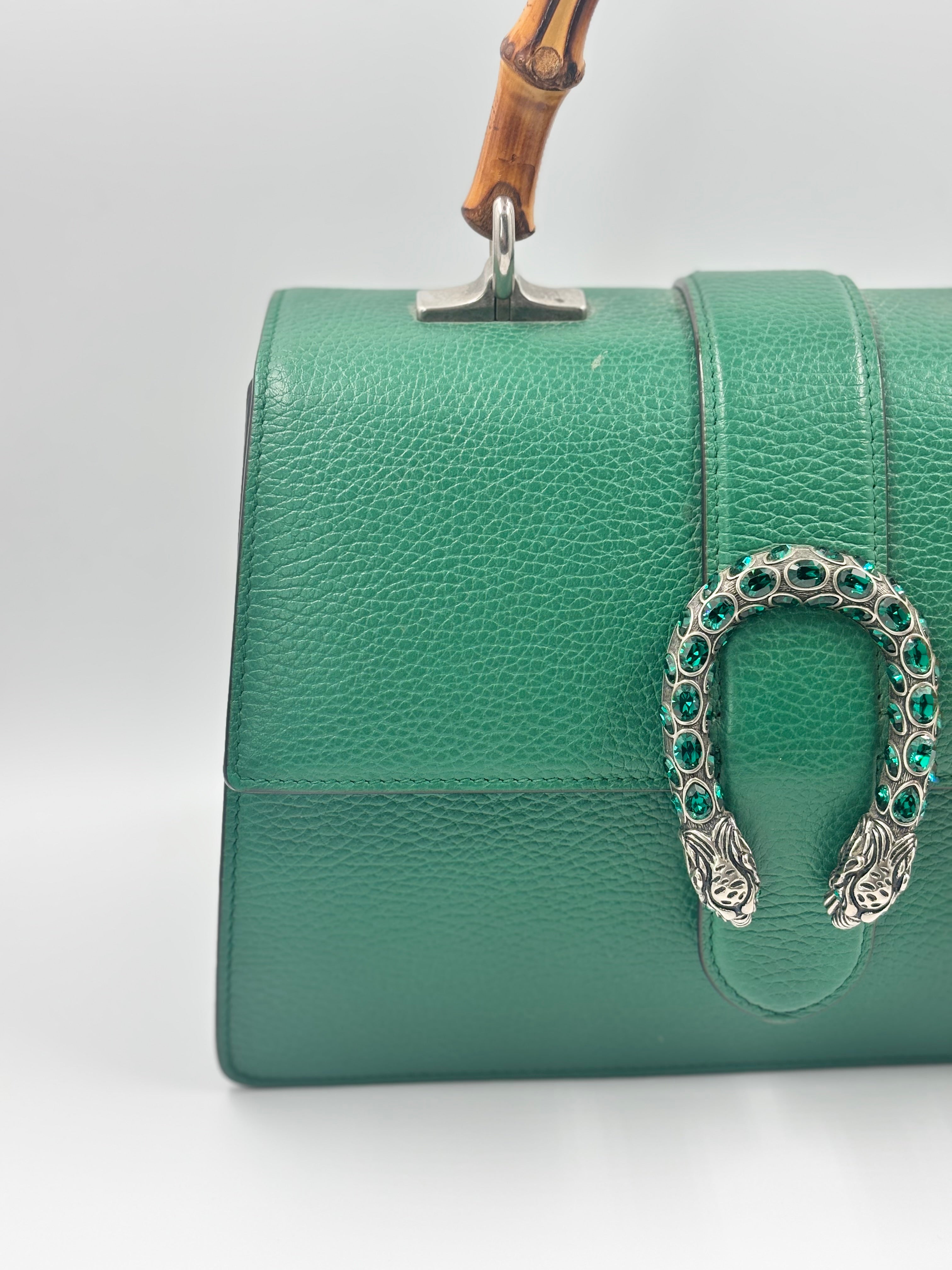 Gucci Green Leather Medium Dionysus Bamboo Top Handle Bag