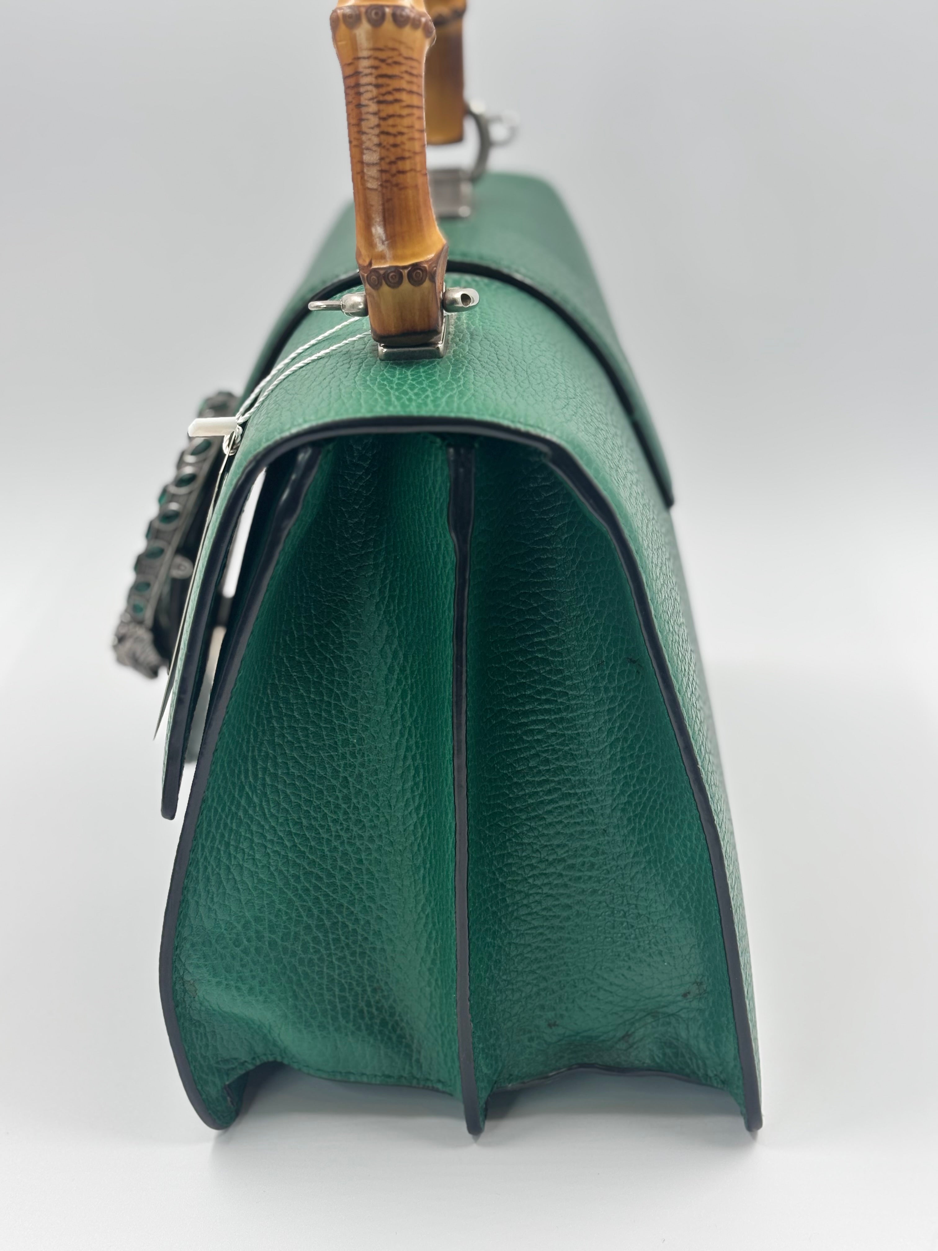 Gucci Green Leather Medium Dionysus Bamboo Top Handle Bag
