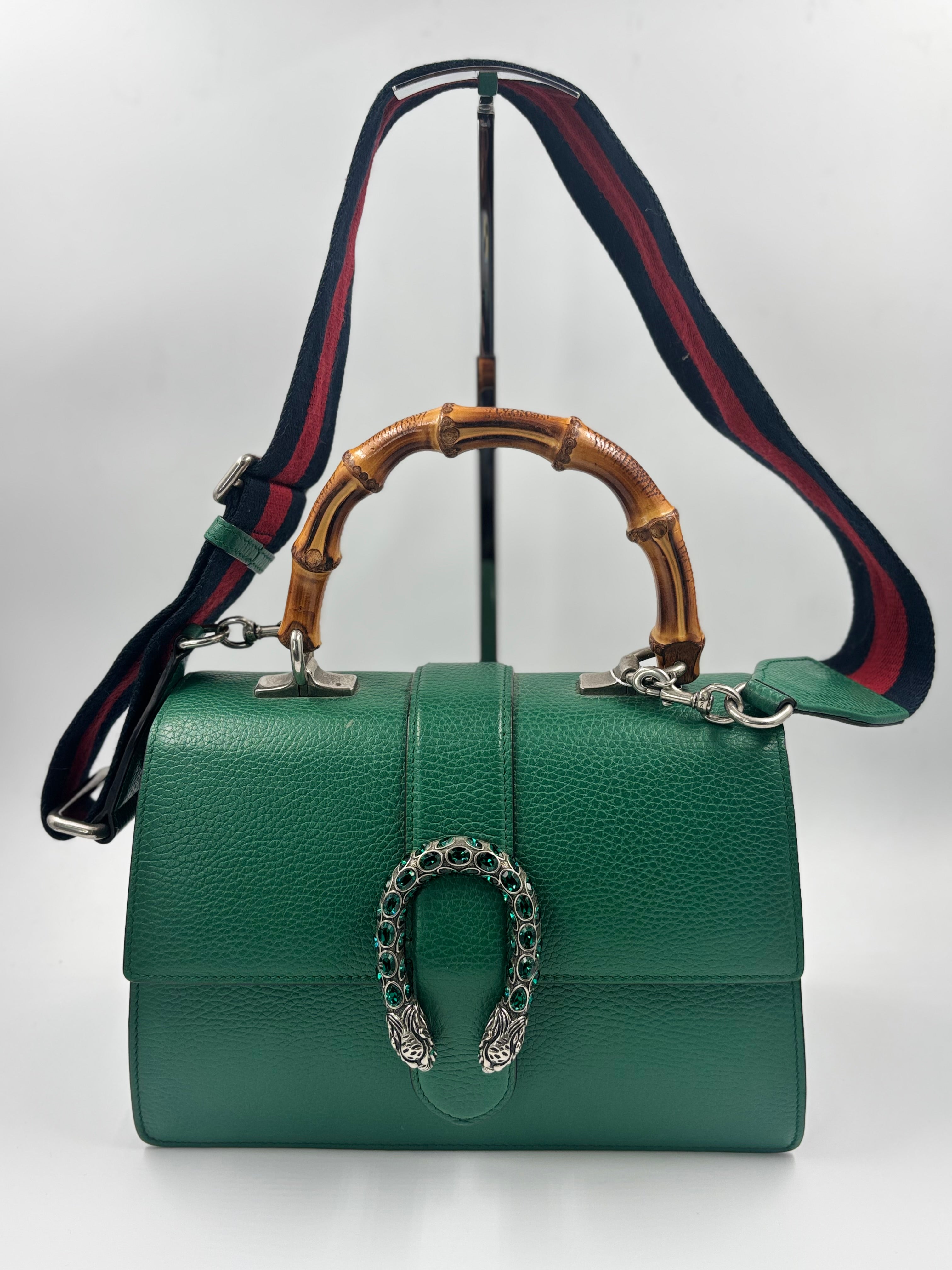 Gucci Green Leather Medium Dionysus Bamboo Top Handle Bag