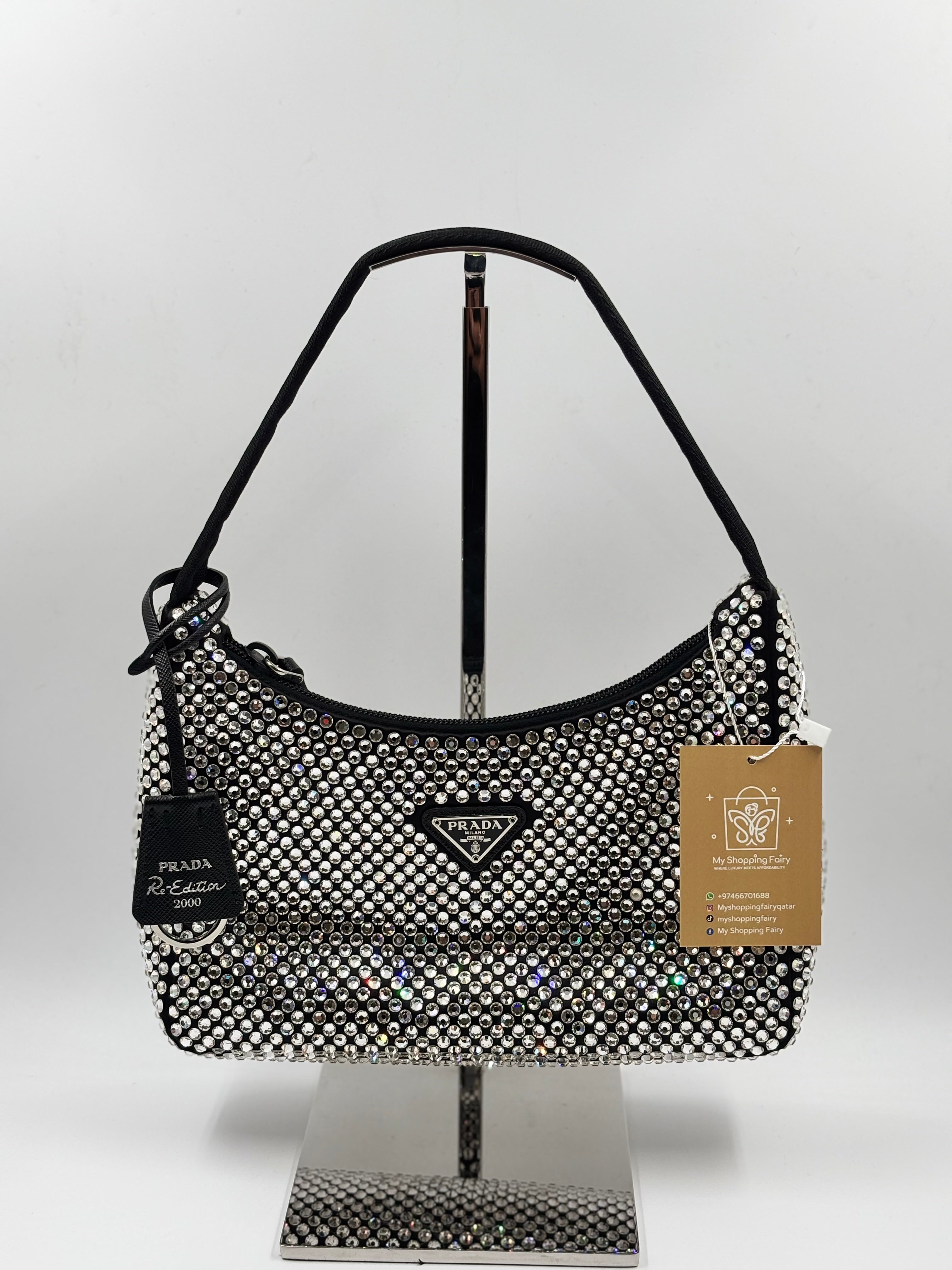 Prada Black Satin Crystal Re Edition 2000 Mini Bag