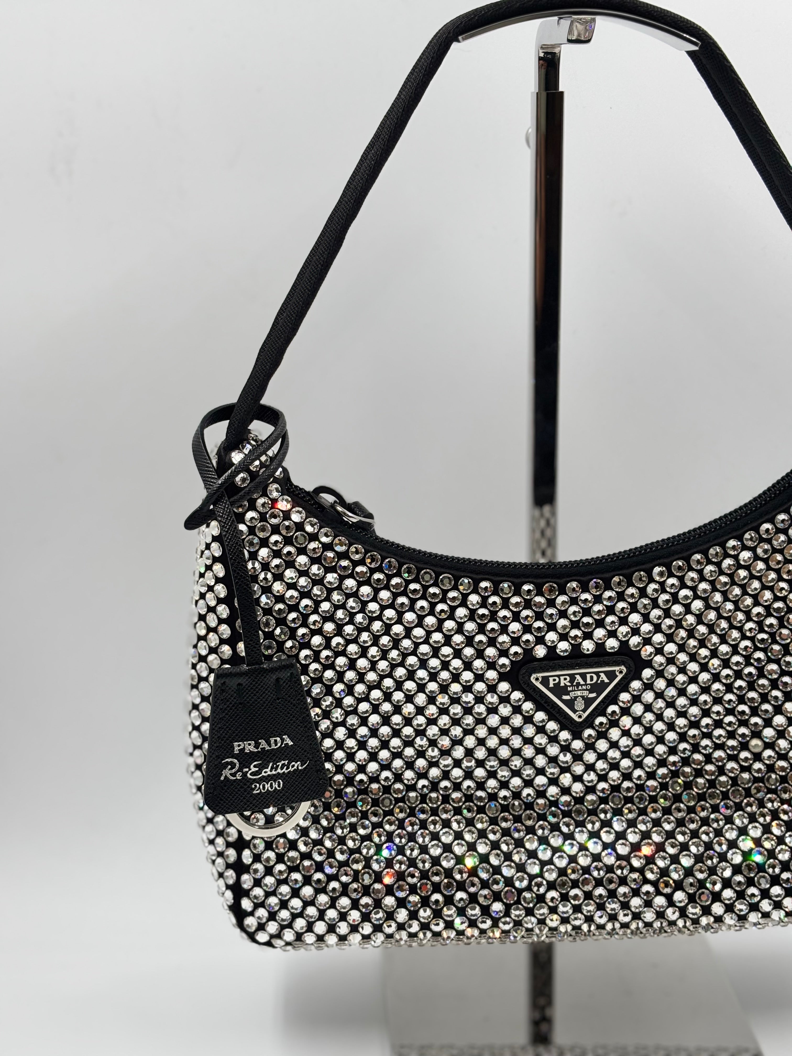 Prada Black Satin Crystal Re Edition 2000 Mini Bag