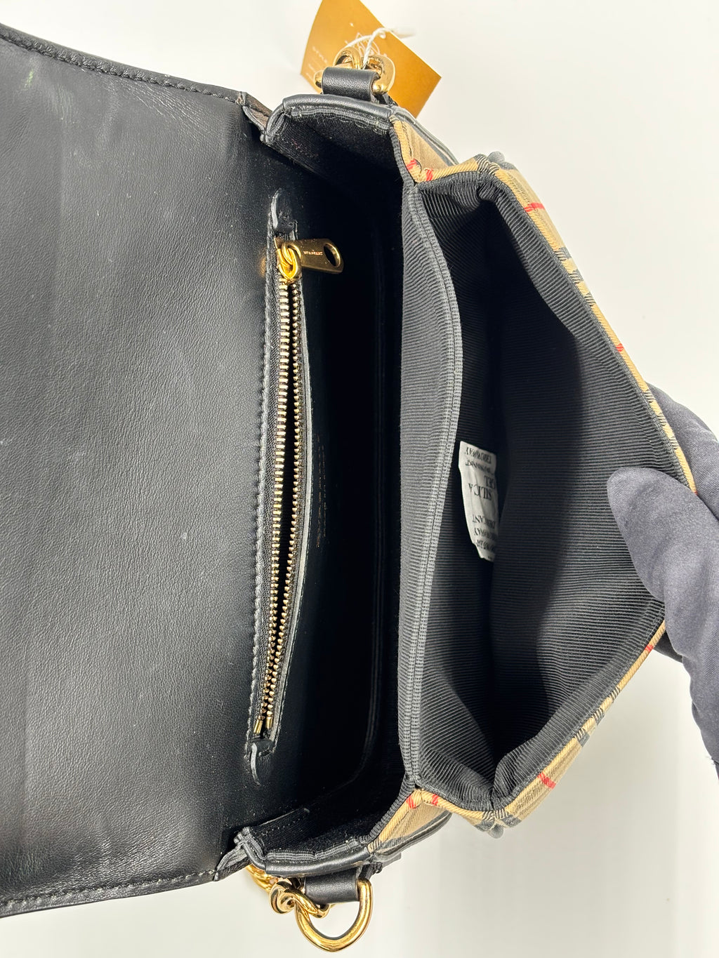 Burberry Vintage Check/ Black Leather Link Flap Shoulder Bag