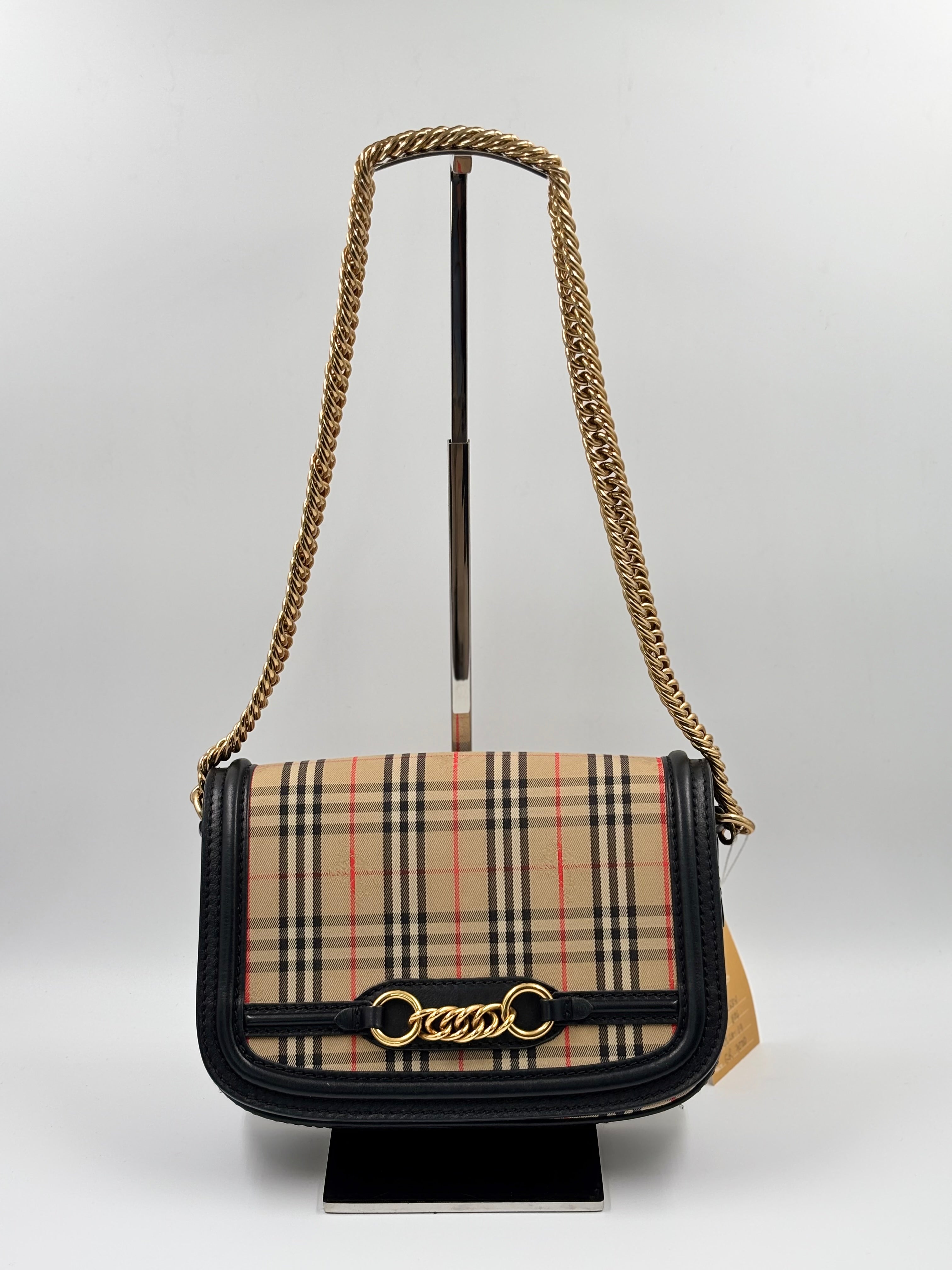 Burberry Vintage Check/ Black Leather Link Flap Shoulder Bag