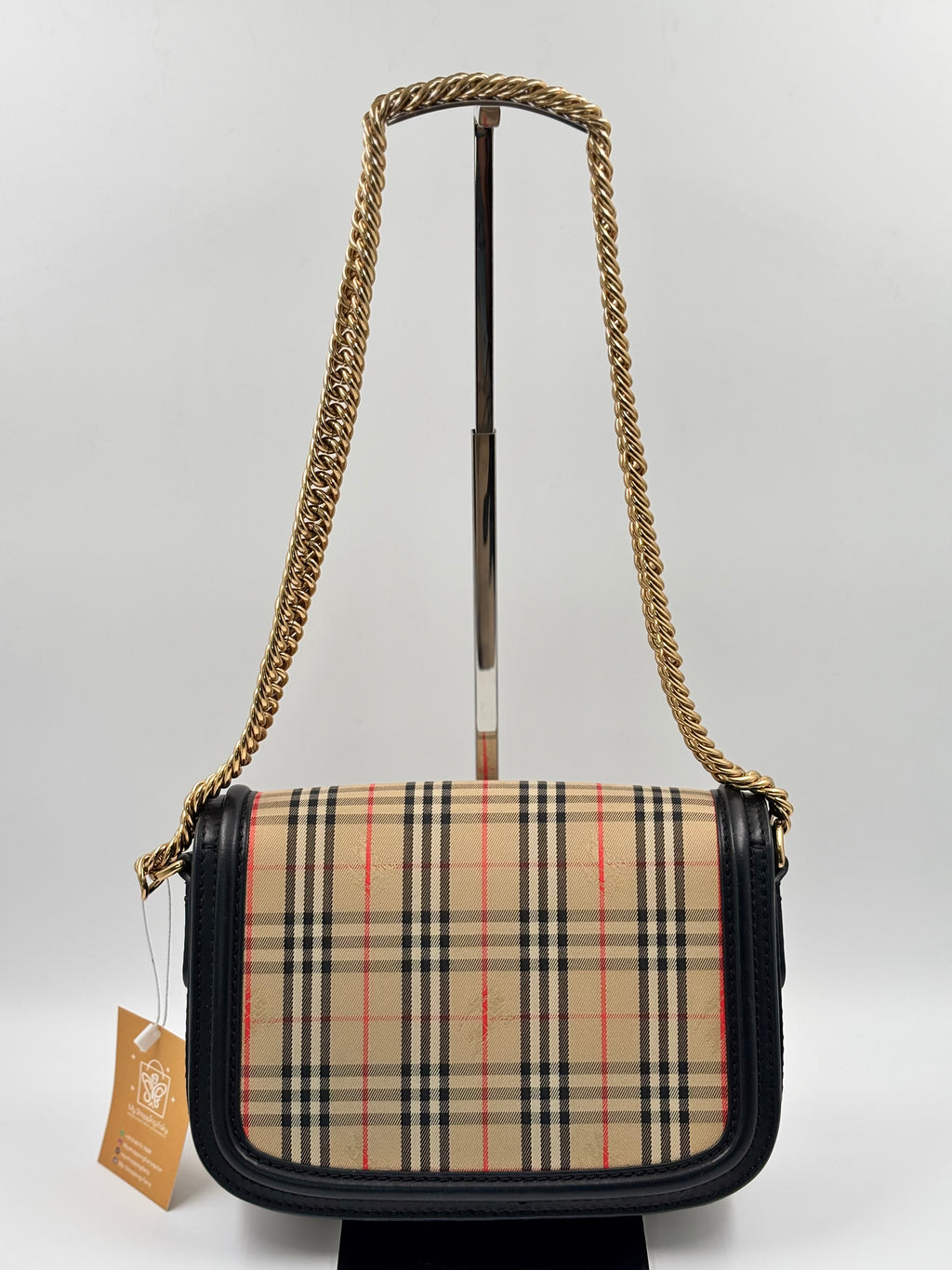 Burberry Vintage Check/ Black Leather Link Flap Shoulder Bag