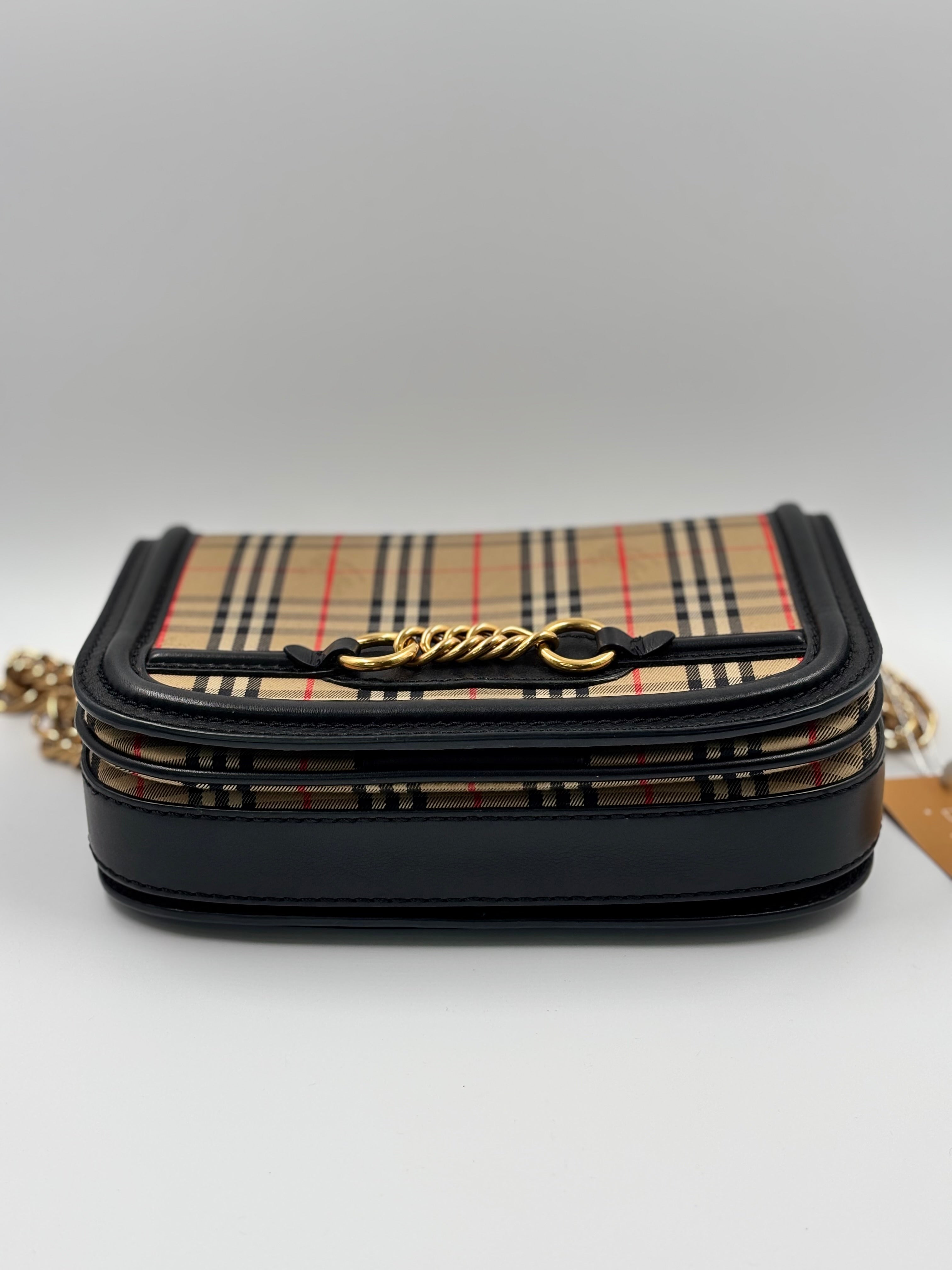Burberry Vintage Check/ Black Leather Link Flap Shoulder Bag