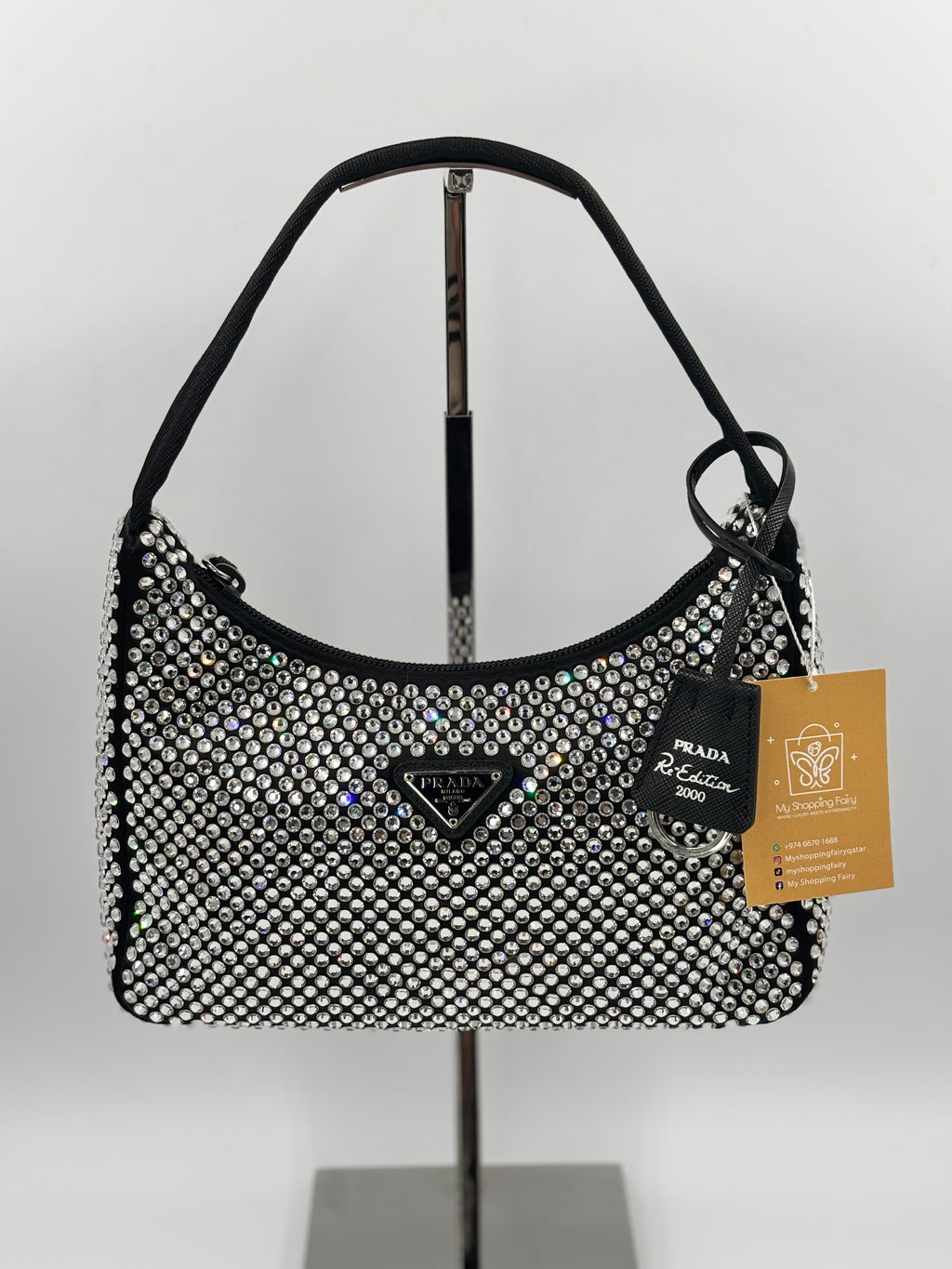PRADA Black Satin Crystal Re Edition 2000 Mini Bag