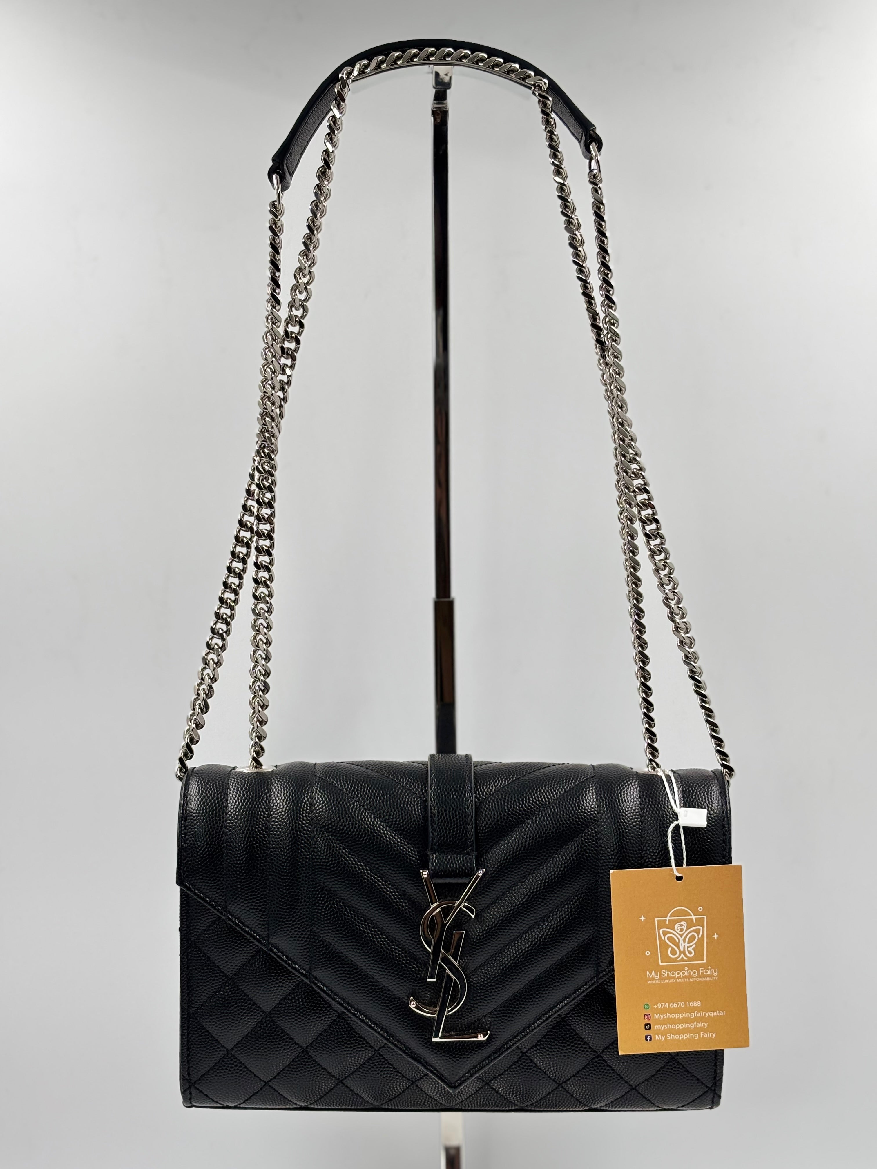YSL Black Chevron TriQuilted Grained Leather Envelope Small Crossbody Bag