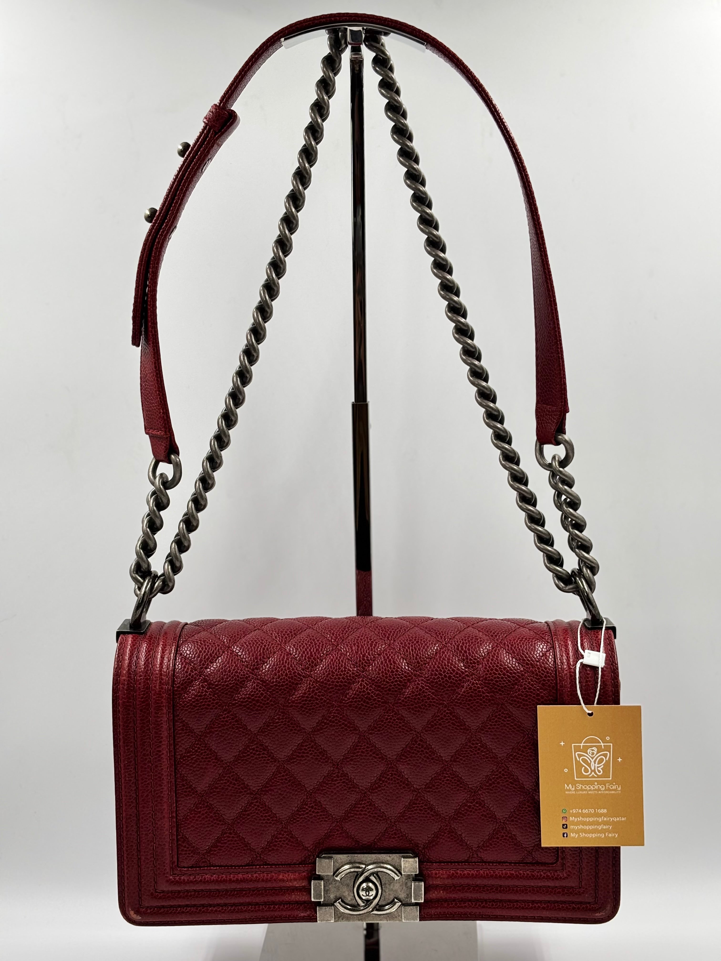 Chanel Red Quilted Matte Caviar Leather Old Medium Boy Bag