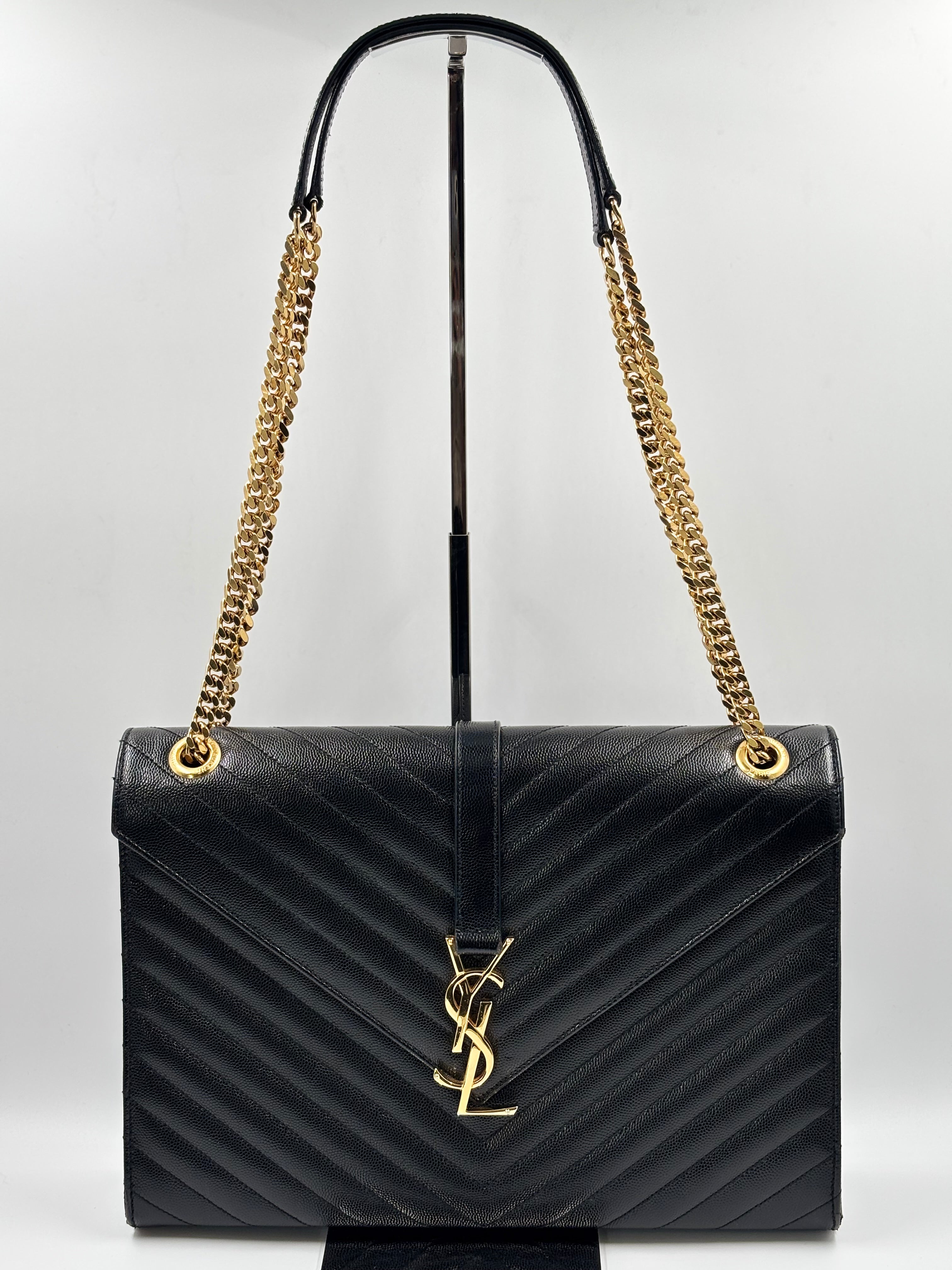 YSL Black Chevron Quilted Leather Large Envelope Bag