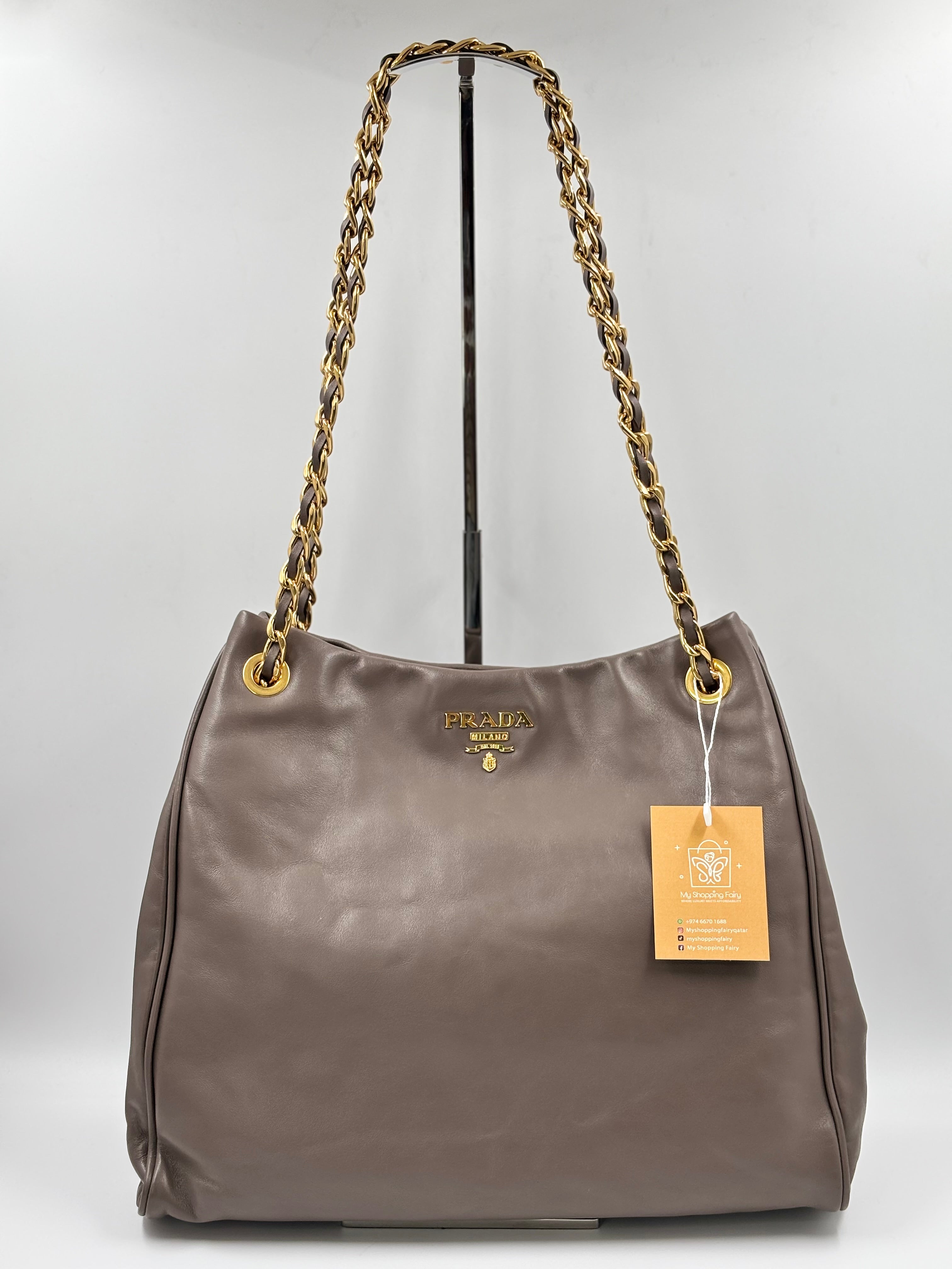 Prada Soft Calfskin Chain Tote Bag in Taupe Leather