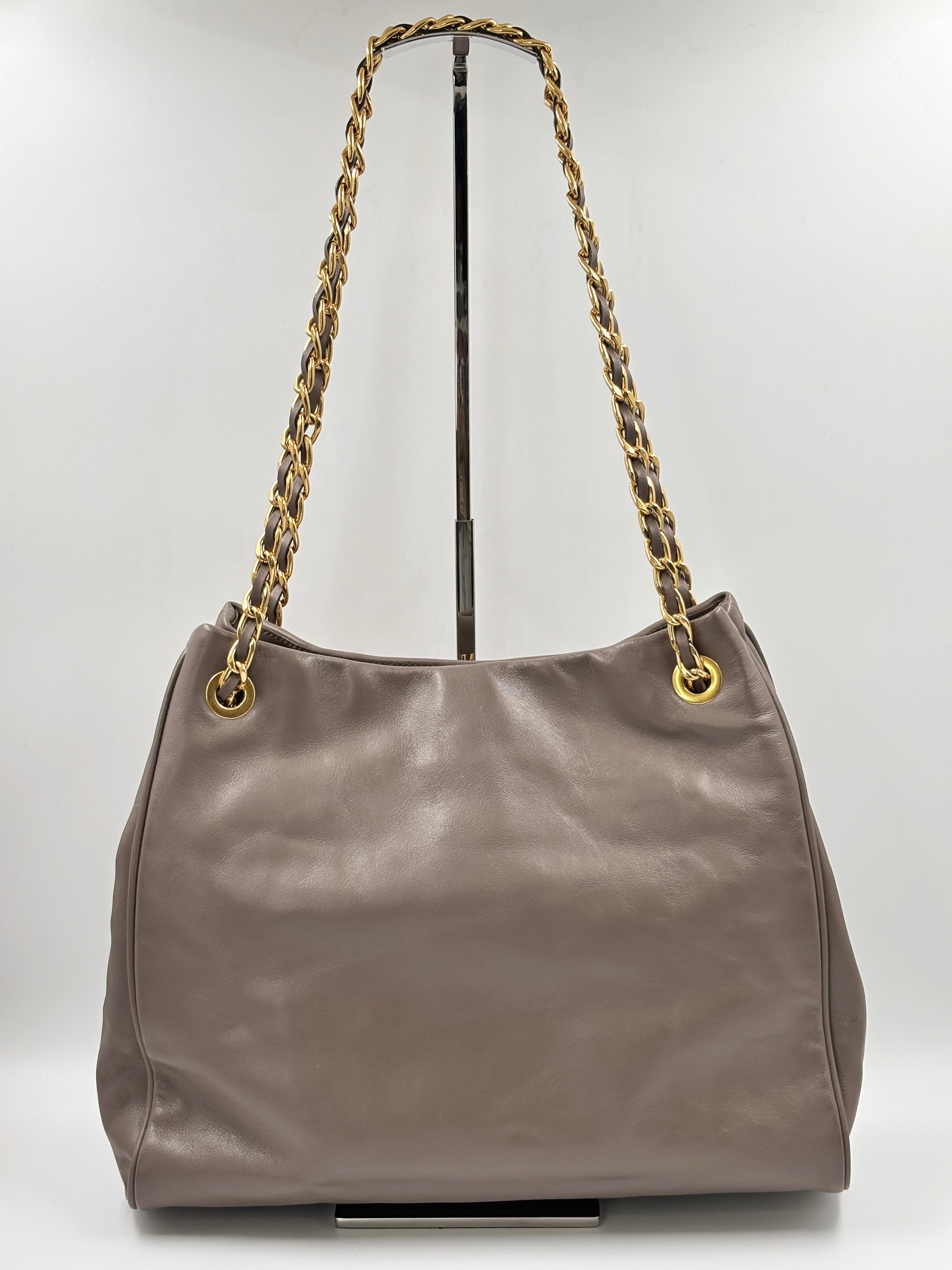Prada Soft Calfskin Chain Tote Bag in Taupe Leather